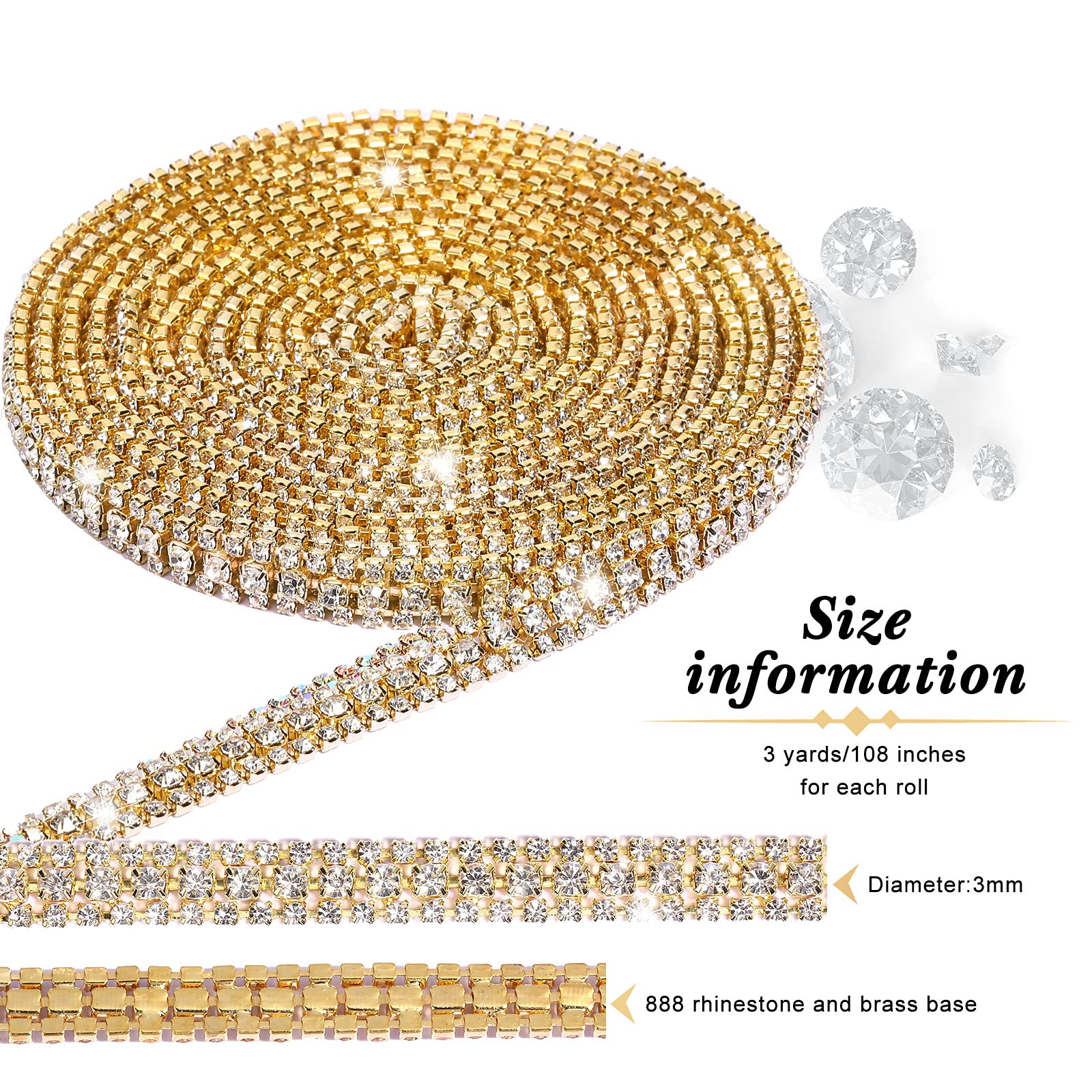 Hicarer 3 Rows Crystal Rhinestone Chain Strips for Sewing, DIY Crafts, Wedding Decor, Jewelry Making - Perfect for Dress Trimming, Handbag Embellishment, and Home Decoration Accessories