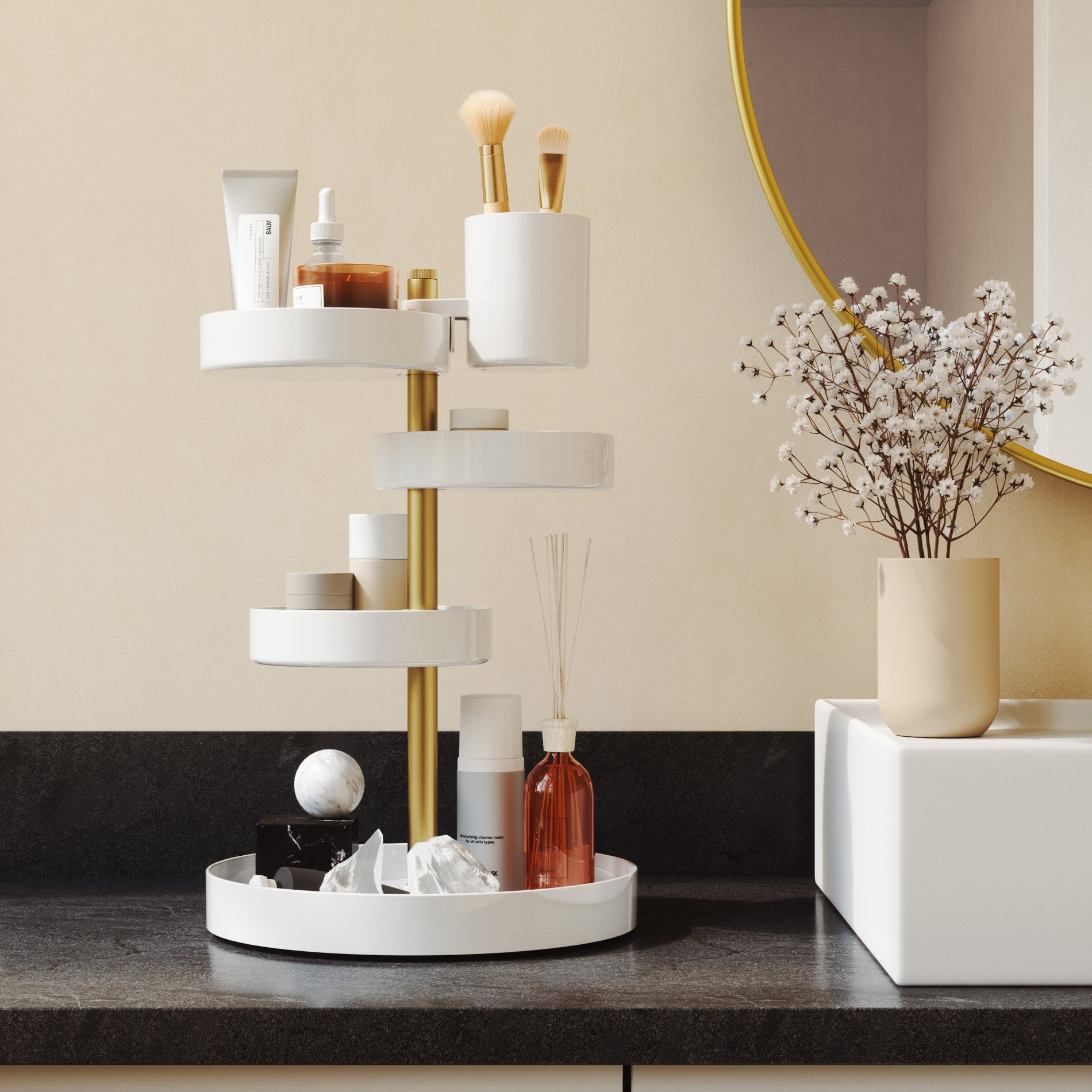 Pirouette Cosmetic Organizer - 360° Rotating Makeup Storage Case with Adjustable Dividers | Perfect for Vanity, Bathroom & Travel | Keep Your Beauty Essentials Organized in Style