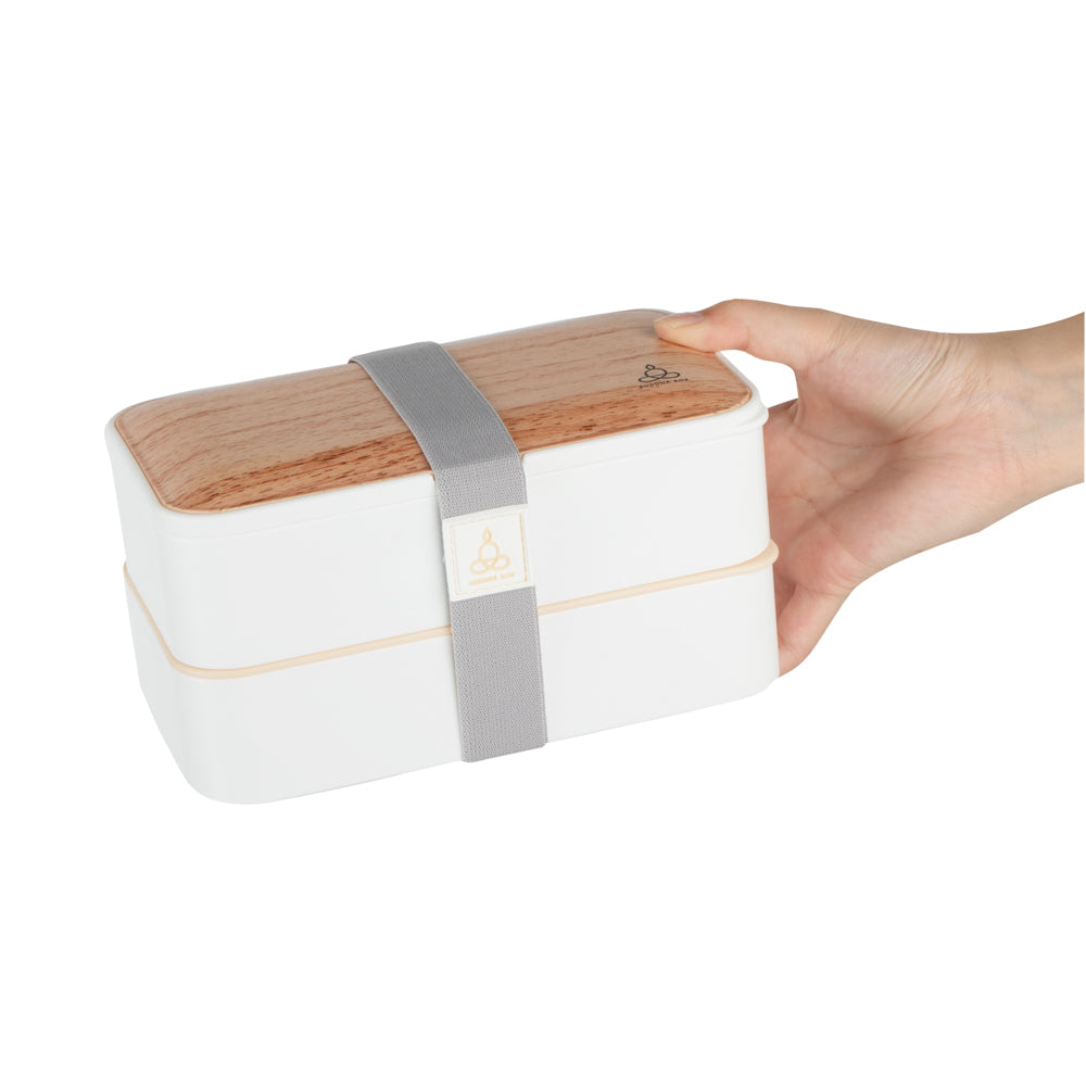 Bento Tek 41 oz Wood Grain & White Buddha Lunch Box with Utensils & Sauce Cup | 7.25