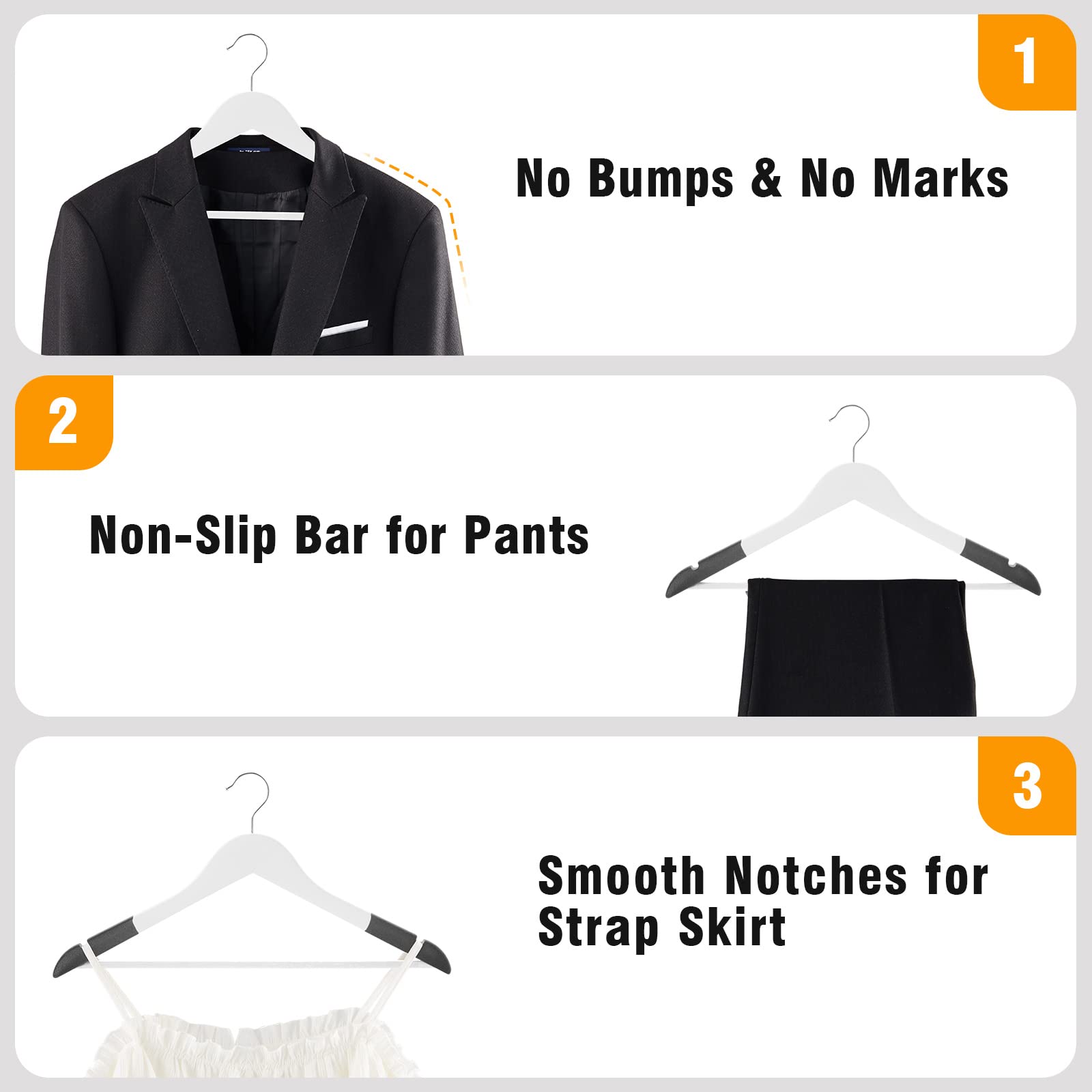TECHMILLY 20-Pack Solid Natural Wooden Coat Hangers - Heavy Duty Smooth Finish Suit Hangers with Non-Slip Pant Bar, Precise Cut Notches & Chrome Swivel Hook - Perfect for Closet, Wardrobe & Garment Organization in Home, Office or Boutique