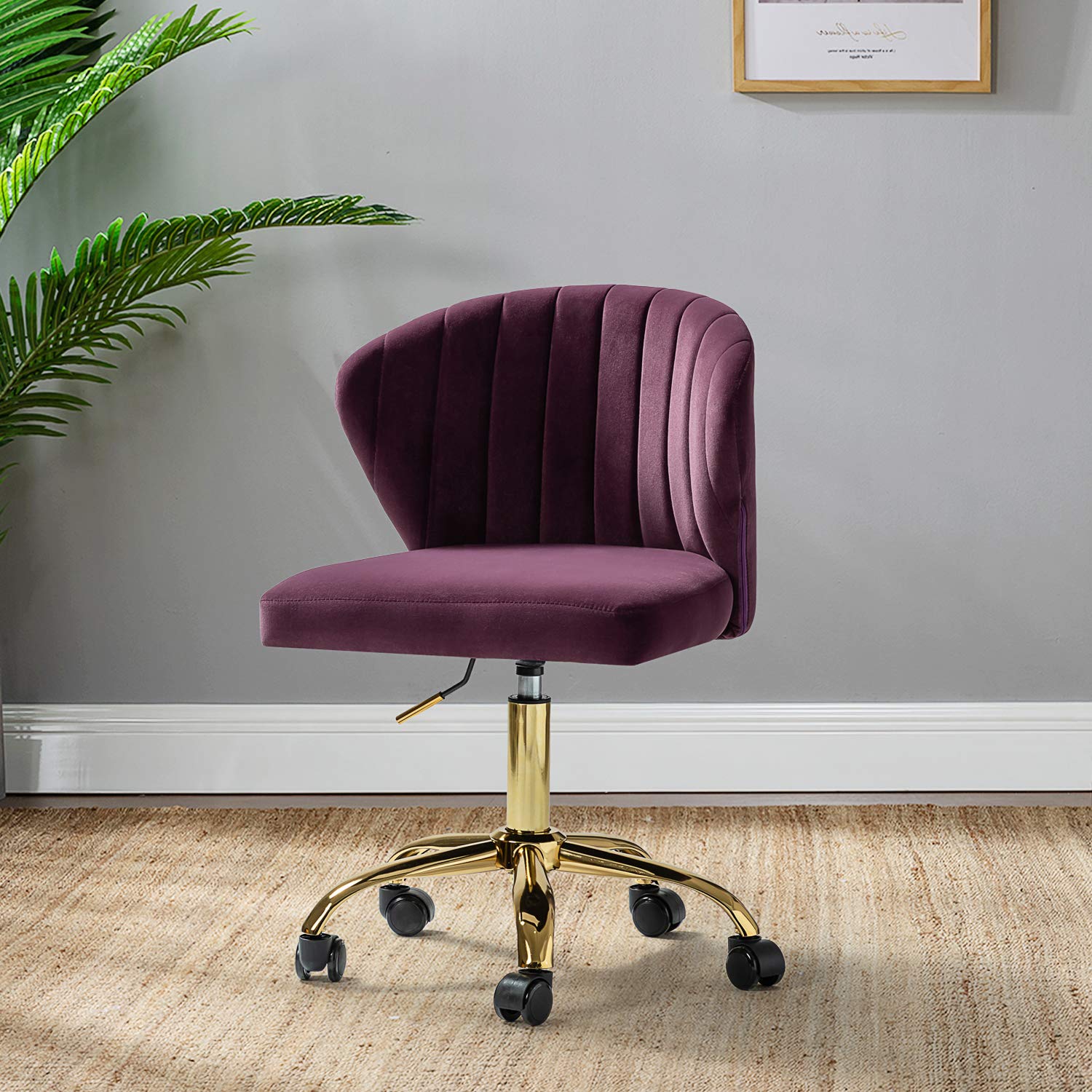 TINA'S HOME Modern Velvet Office Chair with Wheels & Gold Base - Adjustable Low Back Swivel Rolling Task Chair for Home Office, Living Room, Vanity & Study (Purple) - Ergonomic Armless Design for Comfortable Workspace & Study Sessions