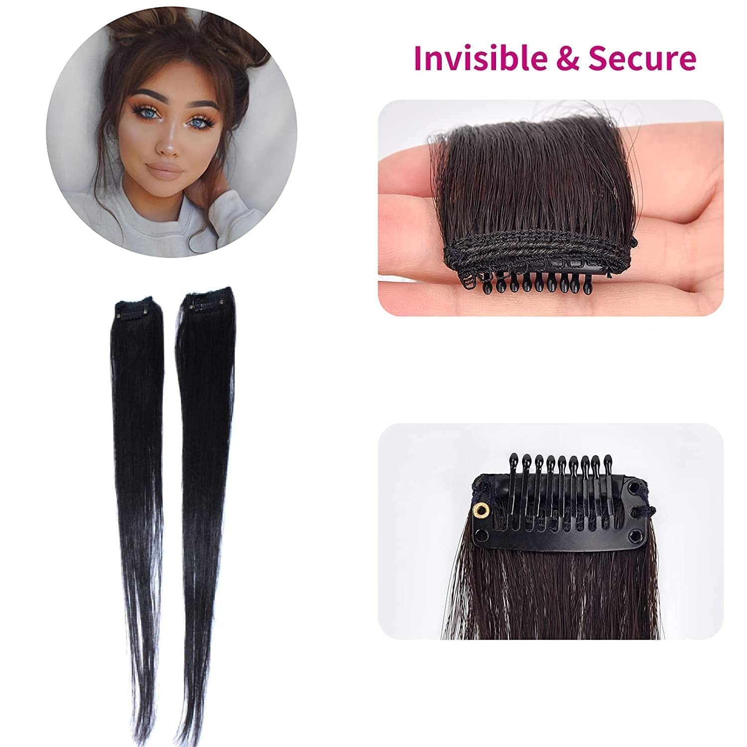 LUXURIUSHAIR 2Pcs Clip-in Human Hair Side Bangs - 18 Inch Wavy Fringe Hair Extensions for Women (Natural Black) | Perfect for Daily Wear, Cosplay & Hairstyle Transformation