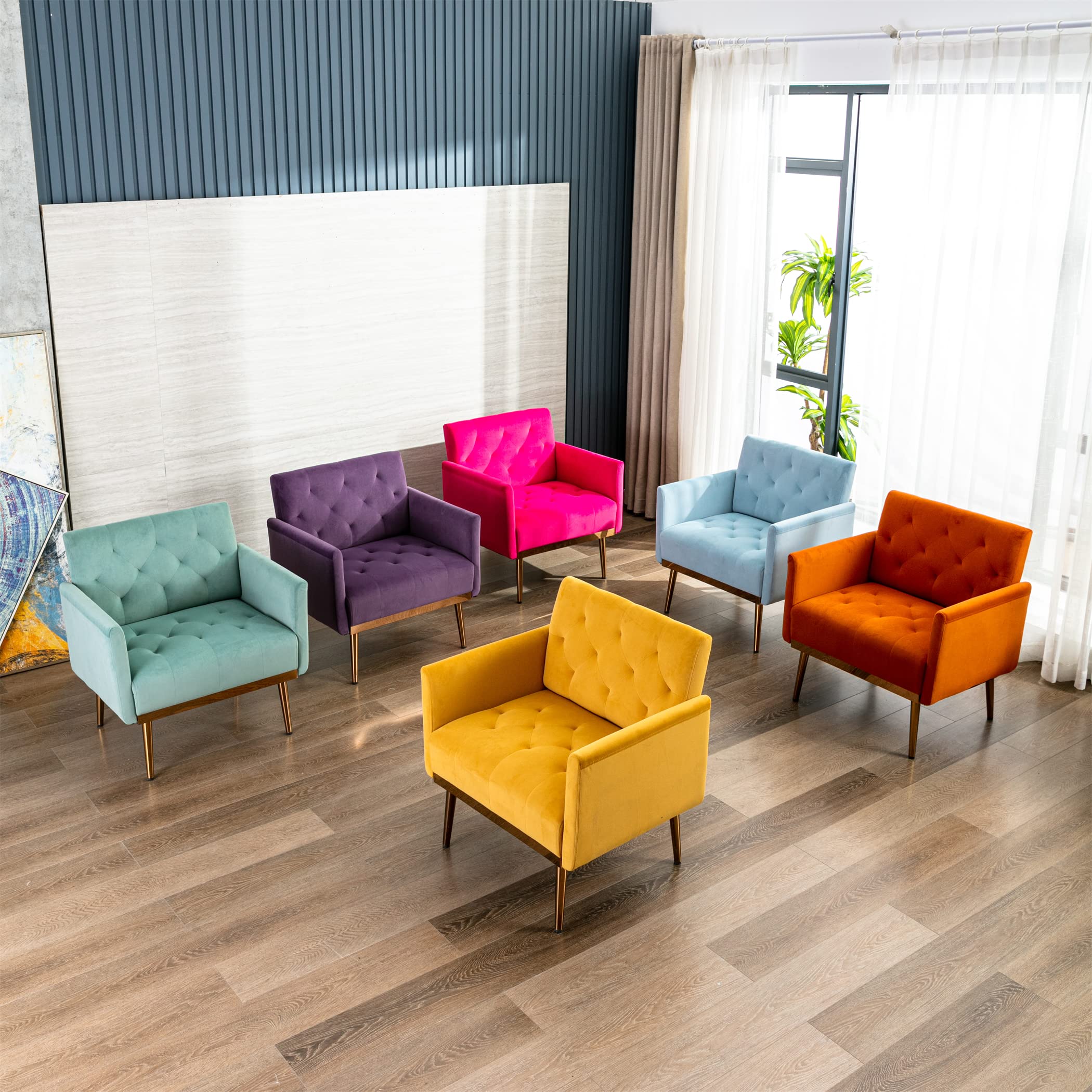 Velvet Accent Chair with Golden Metal Legs - Square Single Sofa Chair for Living Room, Bedroom, Coffee & Reception Areas - Light Blue Modern Lounge Seating for Home & Office Decor