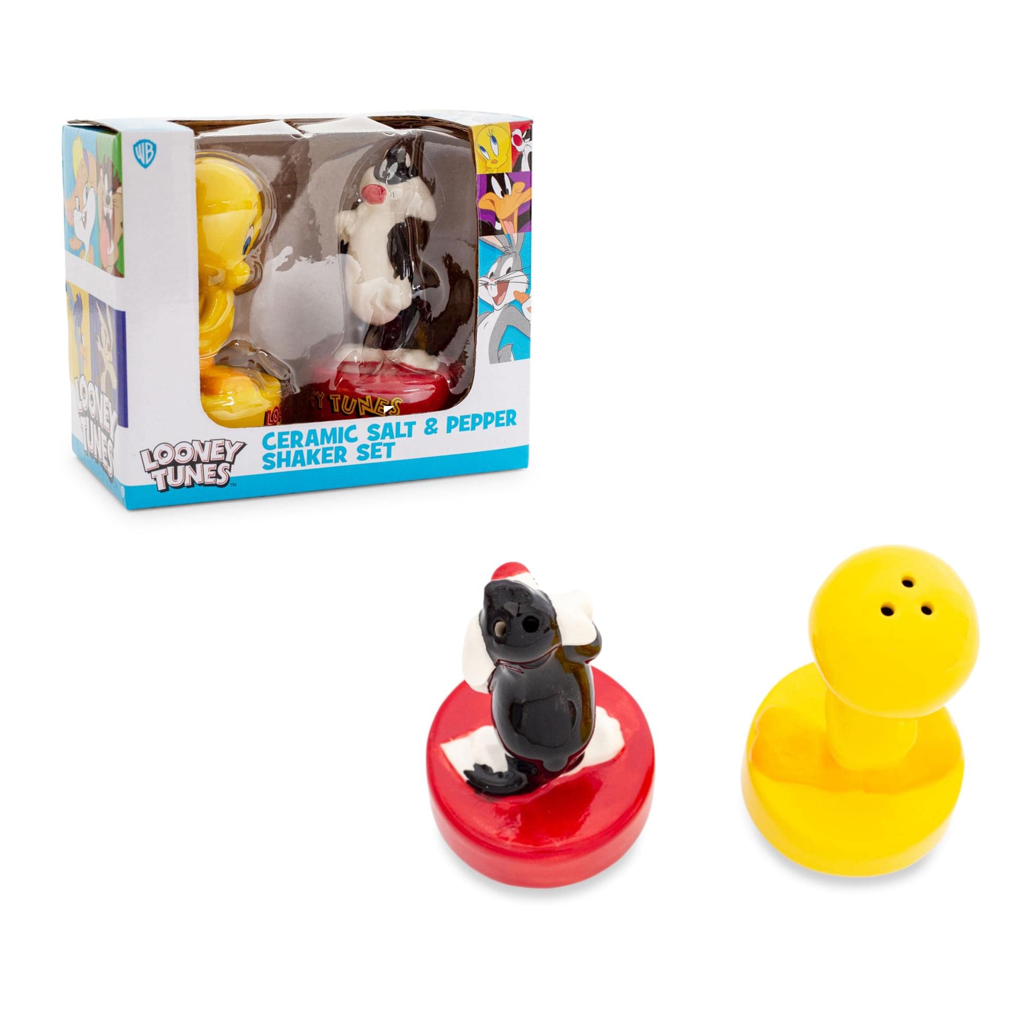 Looney Tunes Sylvester and Tweety Ceramic Salt and Pepper Shakers Set - 2 Piece Kitchen Seasoning Spice Dispenser for Dining Table, Home Decor, and Gift Giving