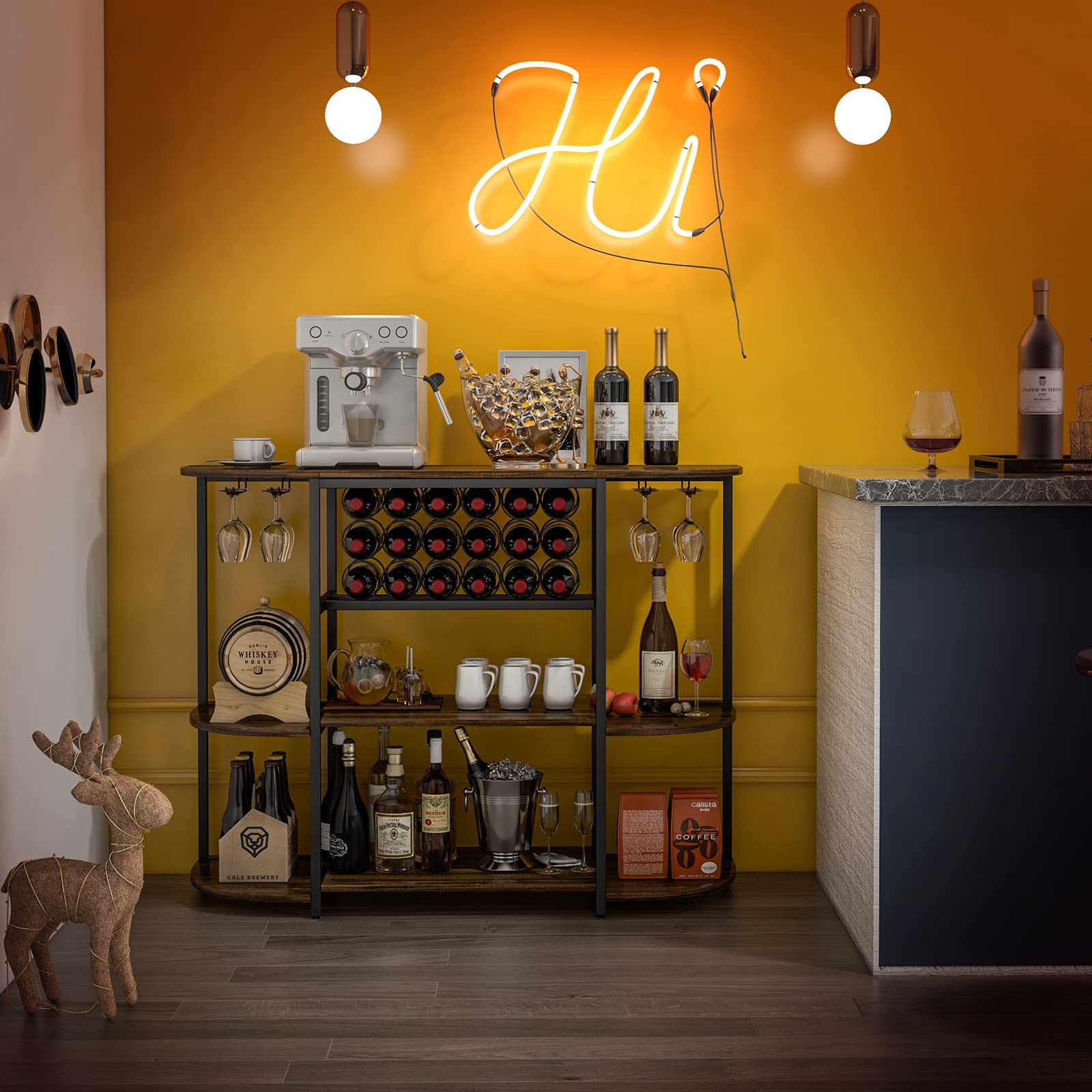 LOKO 47-Inch Industrial Wine Bar Cabinet with Wine Rack & Glass Holders - Freestanding Floor Bar Storage for Liquor, Wine Bottles and Glasses - Rustic Brown Finish for Home Kitchen, Dining Room, Bar or Entertainment Area