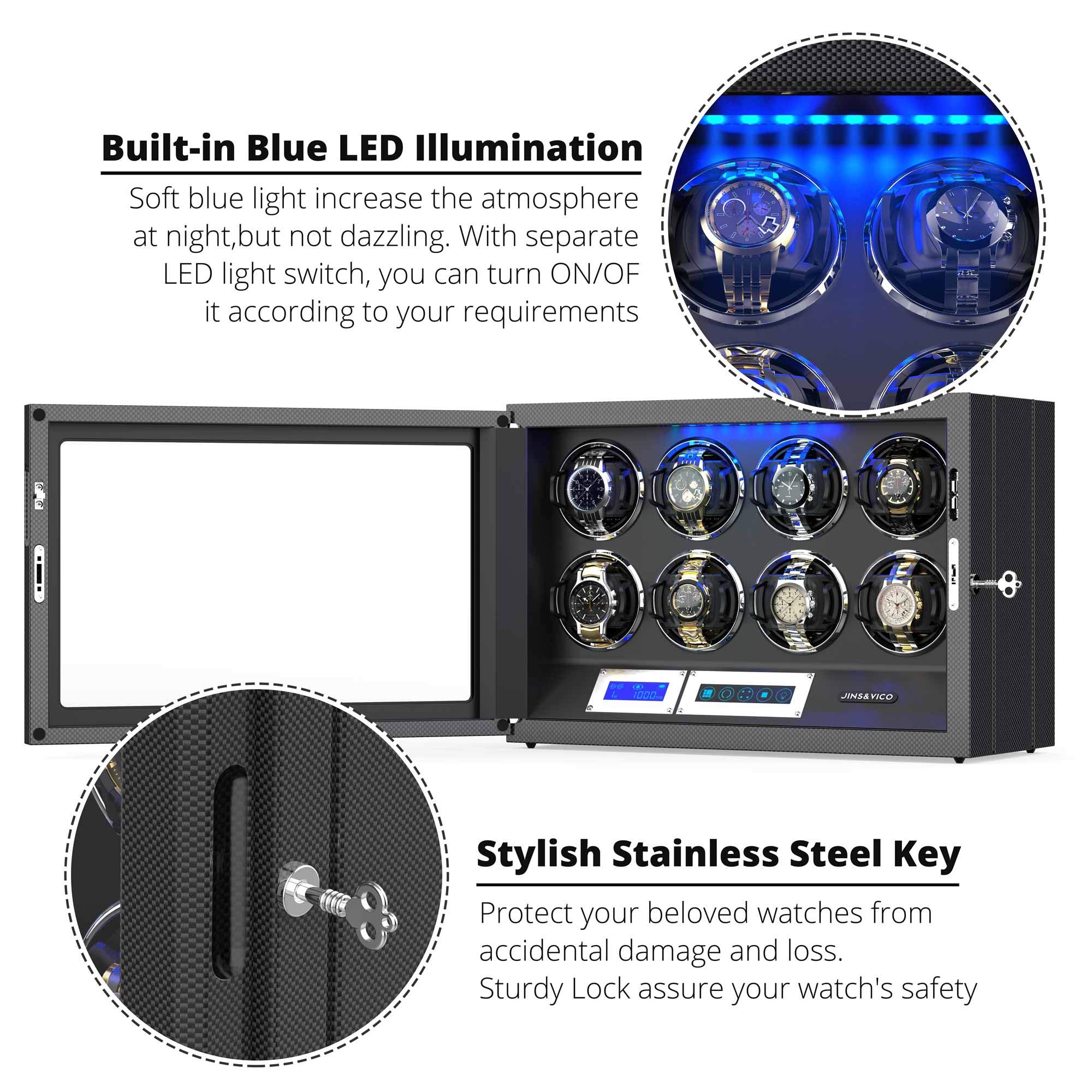 Premium Watch Winder with Adjustable [Upgraded] Watch Pillows - 8 Winding Spaces for Automatic Watches, Built-in LED Illumination - Perfect for Watch Collectors & Luxury Watch Storage