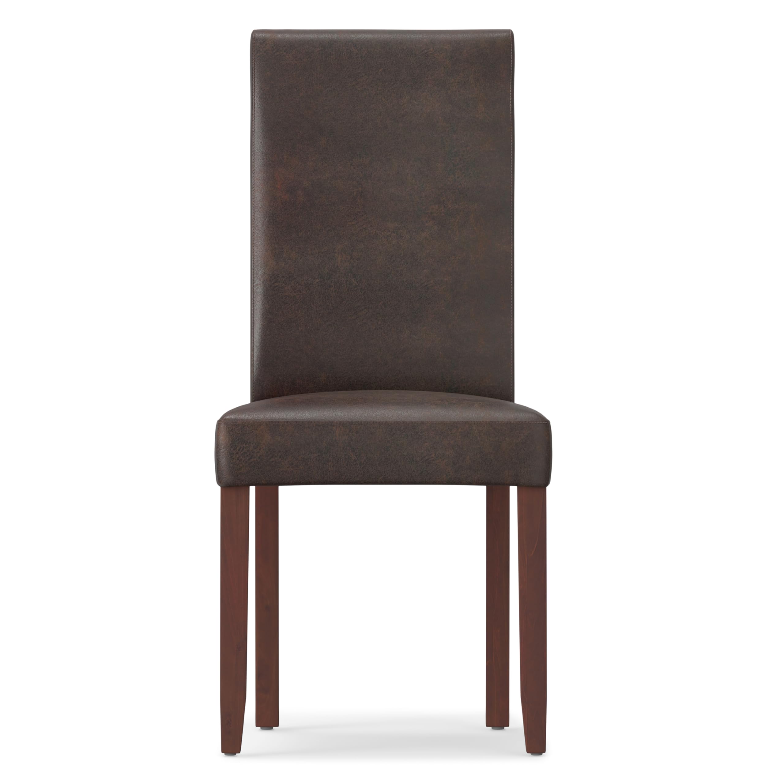 SIMPLIHOME Acadian Transitional Parson Dining Chairs (Set of 2) - Distressed Brown Vegan Faux Leather Upholstered Seats - Elegant Dining Room Furniture for Home, Restaurant, and Office Use