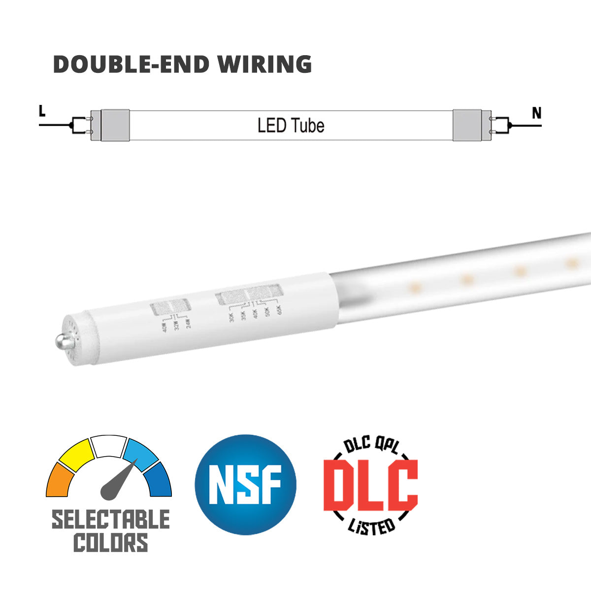 8ft LED T8 Tube Light - 24W/32W/40W, 5400 Lumens, 3000K-6500K Color Temperature, FA8/R17d Base, Double-Ended, Clear - Perfect for Garage, Warehouse & Office Lighting