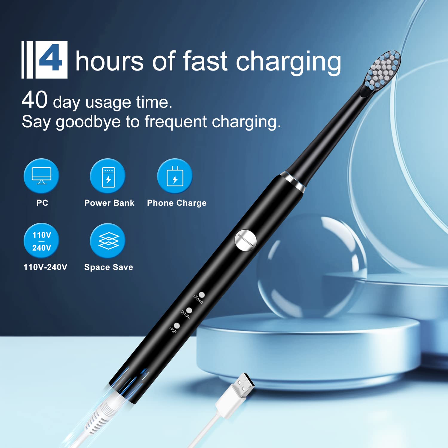 Sonic Electric Toothbrush for Adults & Kids - 8 Replacement Brush Heads & Travel Case - Rechargeable Portable Toothbrush for Home & Travel (Black) - Perfect for Daily Oral Care & On-the-Go Use