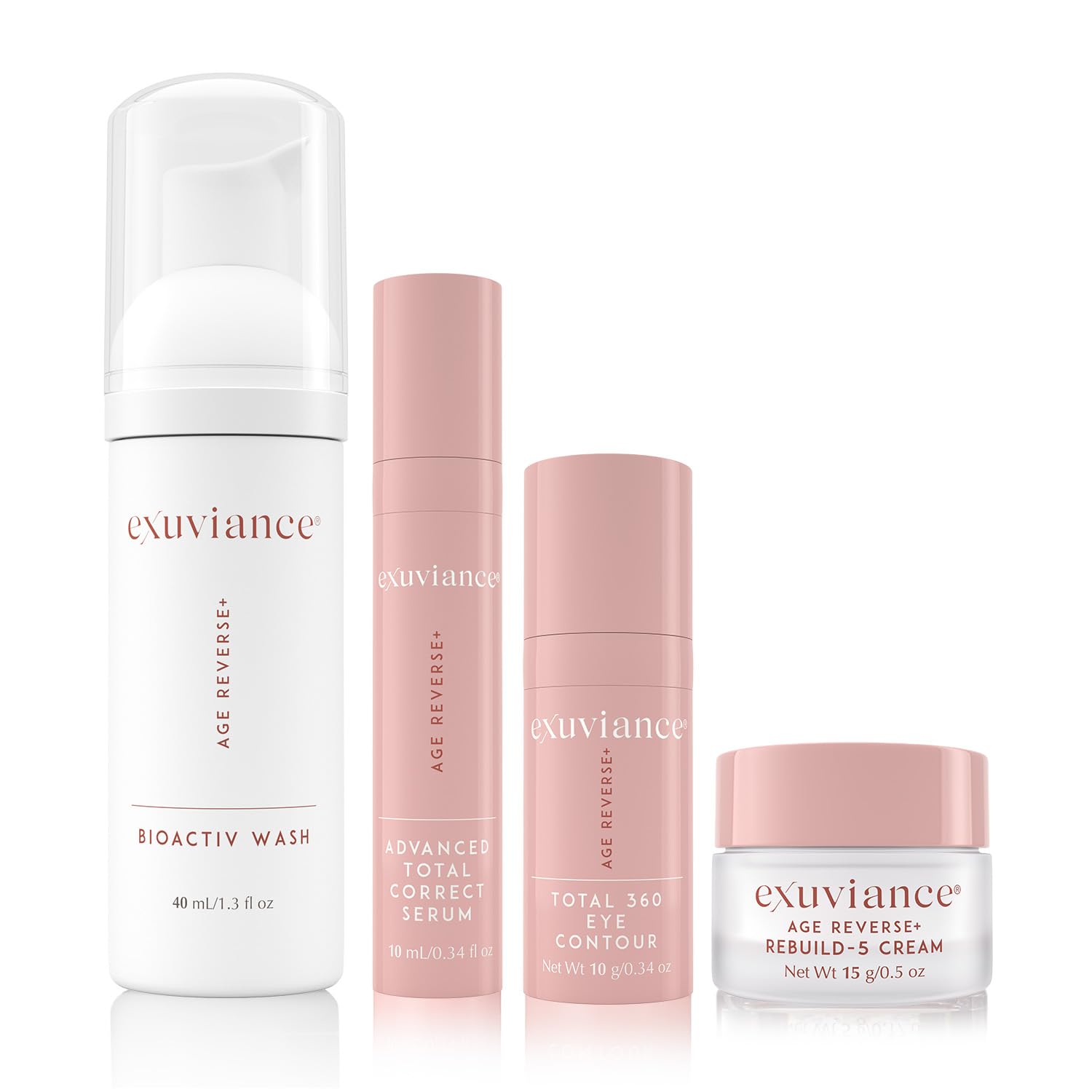 EXUVIANCE AGE REVERSE+ Anti Aging Skin Care Mini Starter Kit - Exfoliating Face Wash, Anti-Wrinkle Serum, Brightening Eye Cream & Firming Moisturizer for Wrinkles & Fine Lines - 4 Piece Set for Daily Skincare Routine & Travel