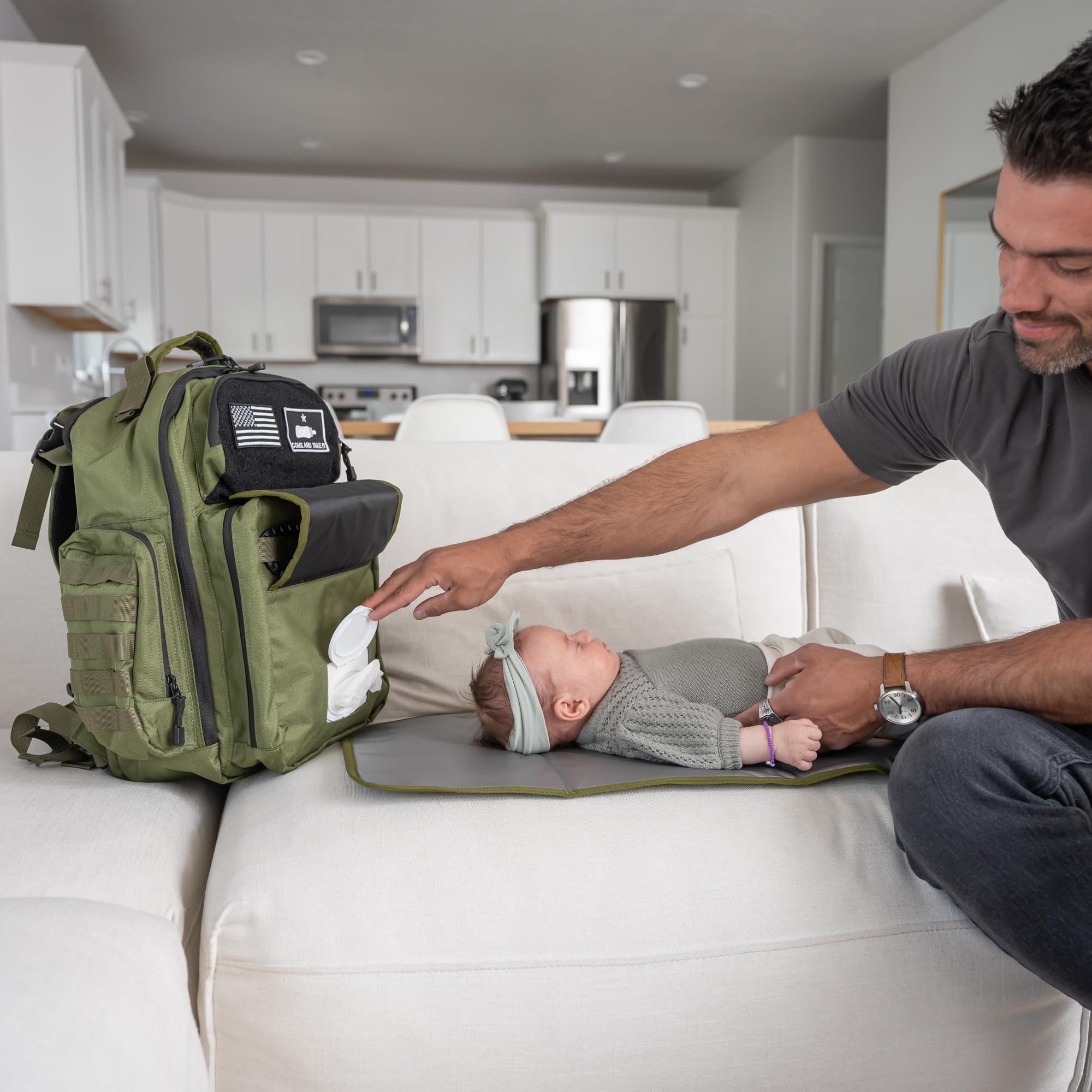 Green Dad Diaper Backpack - Military Molle-Style 900D Waterproof Polyester Baby Bag with Extra-Long Straps, Insulated Bottle Pockets, Wipes Dispenser & Dirty Diaper Pouch - Perfect for Outdoor Adventures, Travel & Everyday Parenting