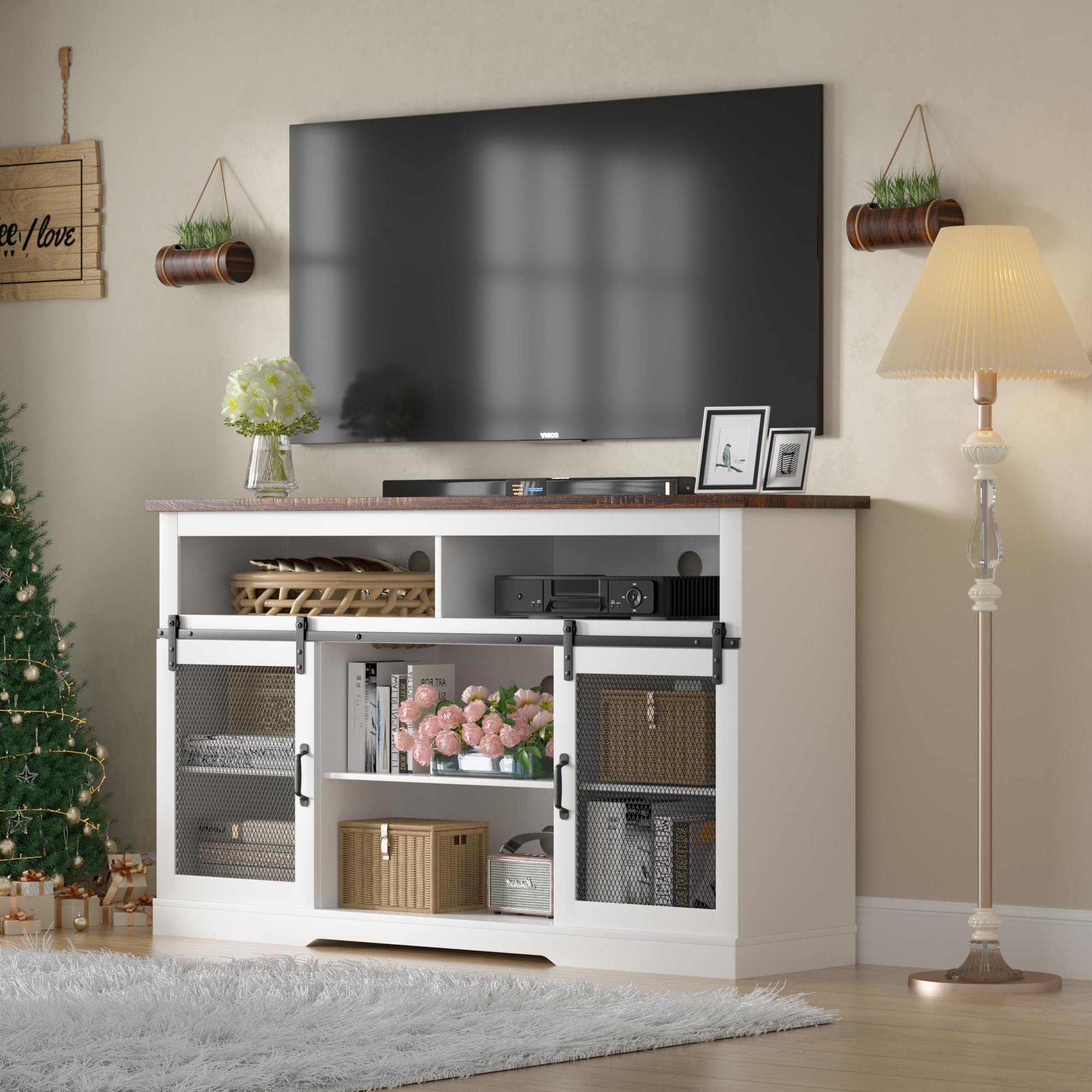 Farmhouse TV Stand for 65 Inch TV - Rustic Entertainment Center with Sliding Barn Doors, Storage Cabinet for Living Room & Bedroom - White Wood Console Table | Perfect for Cozy Home Theater Setup & Farmhouse Style Decor