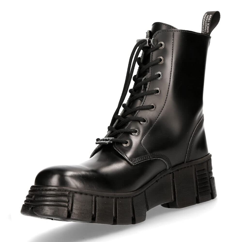 New Rock M-WALL026N-C5 Women's Gothic Biker Ankle Boots - Black Leather, Chunky Heel, Comfortable & Stylish for Concerts, Parties & Everyday Wear