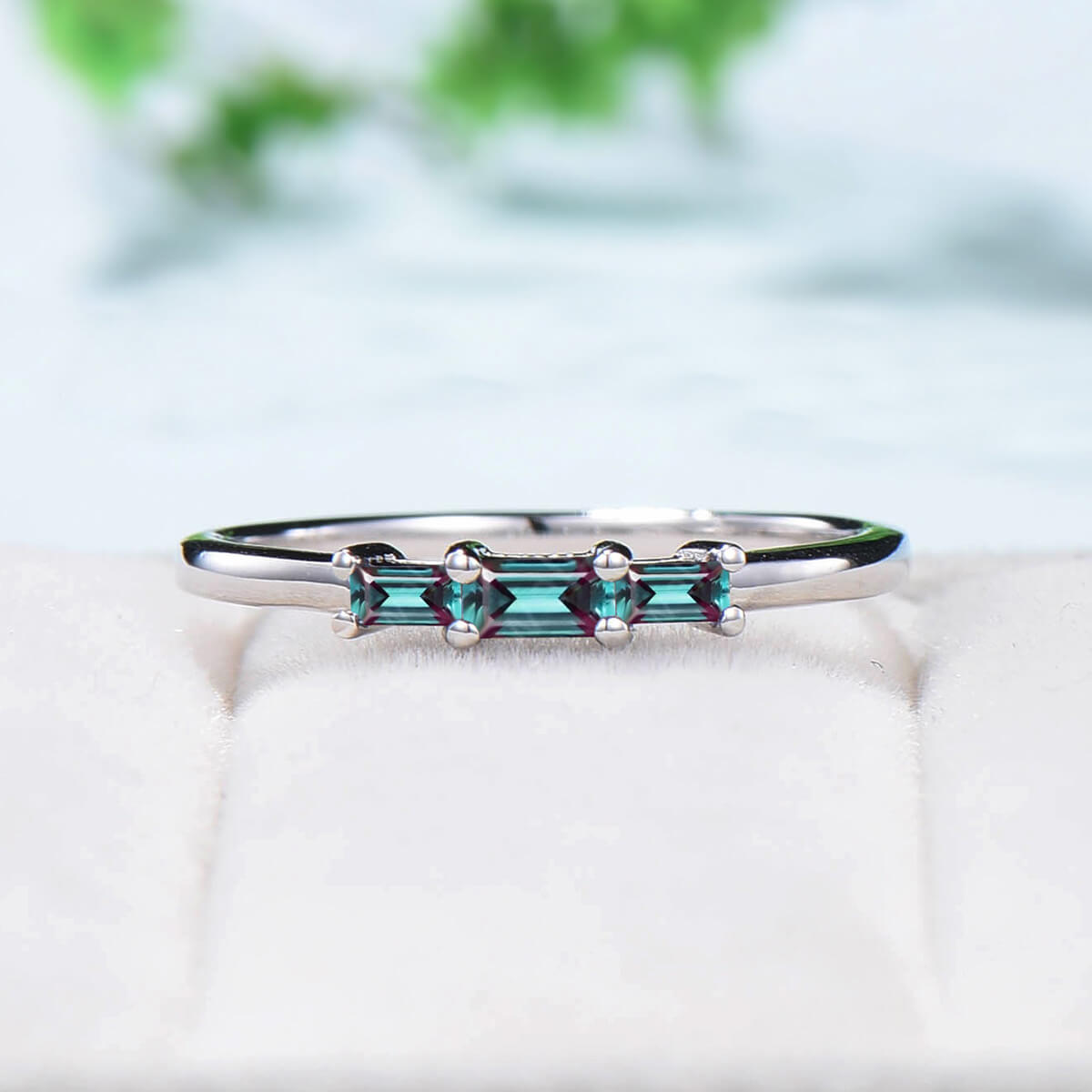 East to West Baguette Alexandrite Ring - Three Stone Color Changing Gemstone Wedding Band, Stackable Dainty Ring for June Birthstone & Anniversary Gift - Perfect for Bridal Stack, Engagement, and Special Occasions