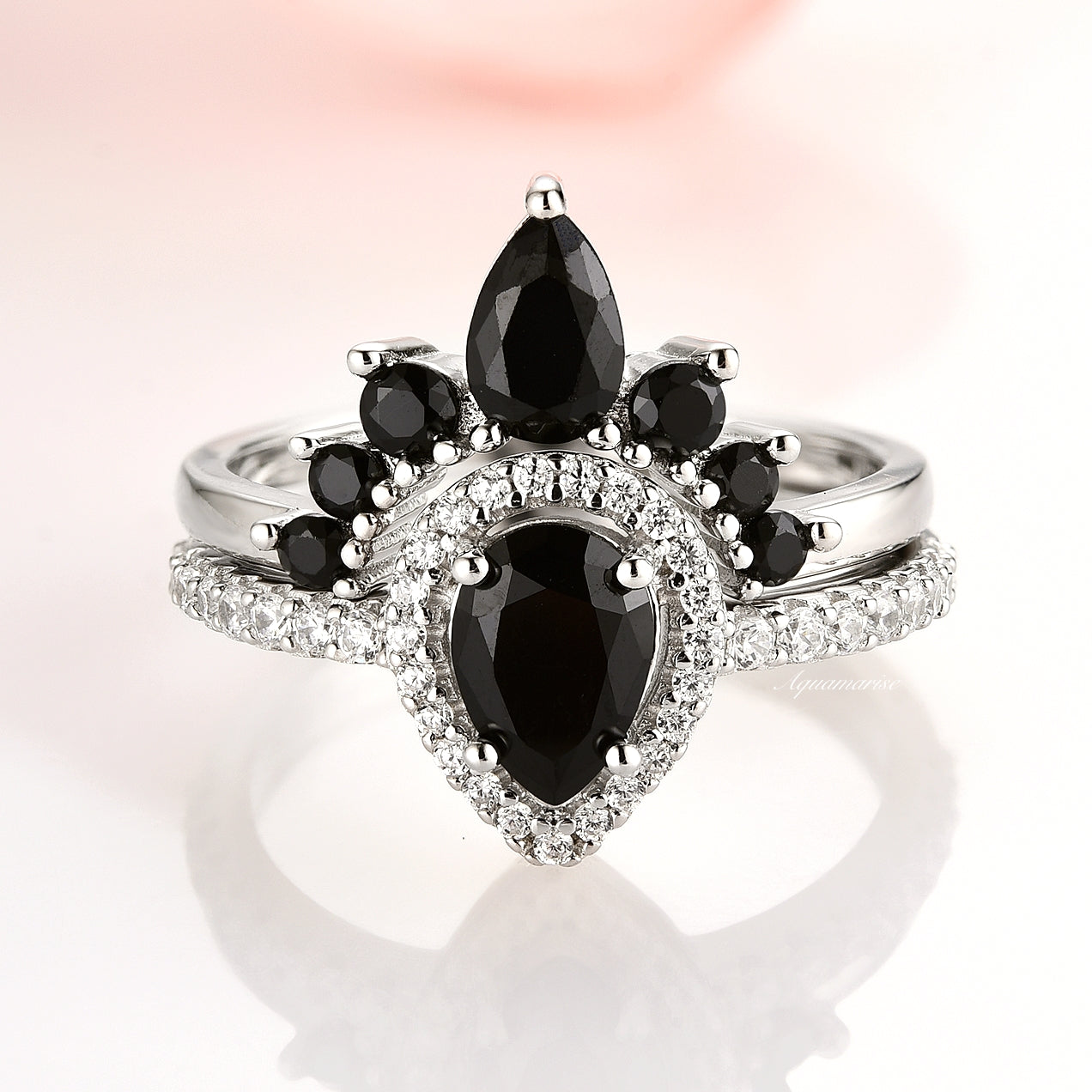 Amy Black Diamond (Onyx) Ring Set - 925 Sterling Silver Women's Jewelry for Wedding, Anniversary & Special Occasions