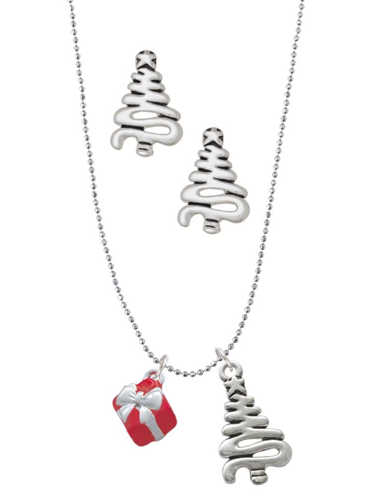 Delight Jewelry Sterling Silver 3D Enamel Gift Box Charm Necklace Set with Christmas Tree Pendant & Stud Earrings - Perfect for Holiday Gifting, Party Accessories & Festive Outfits