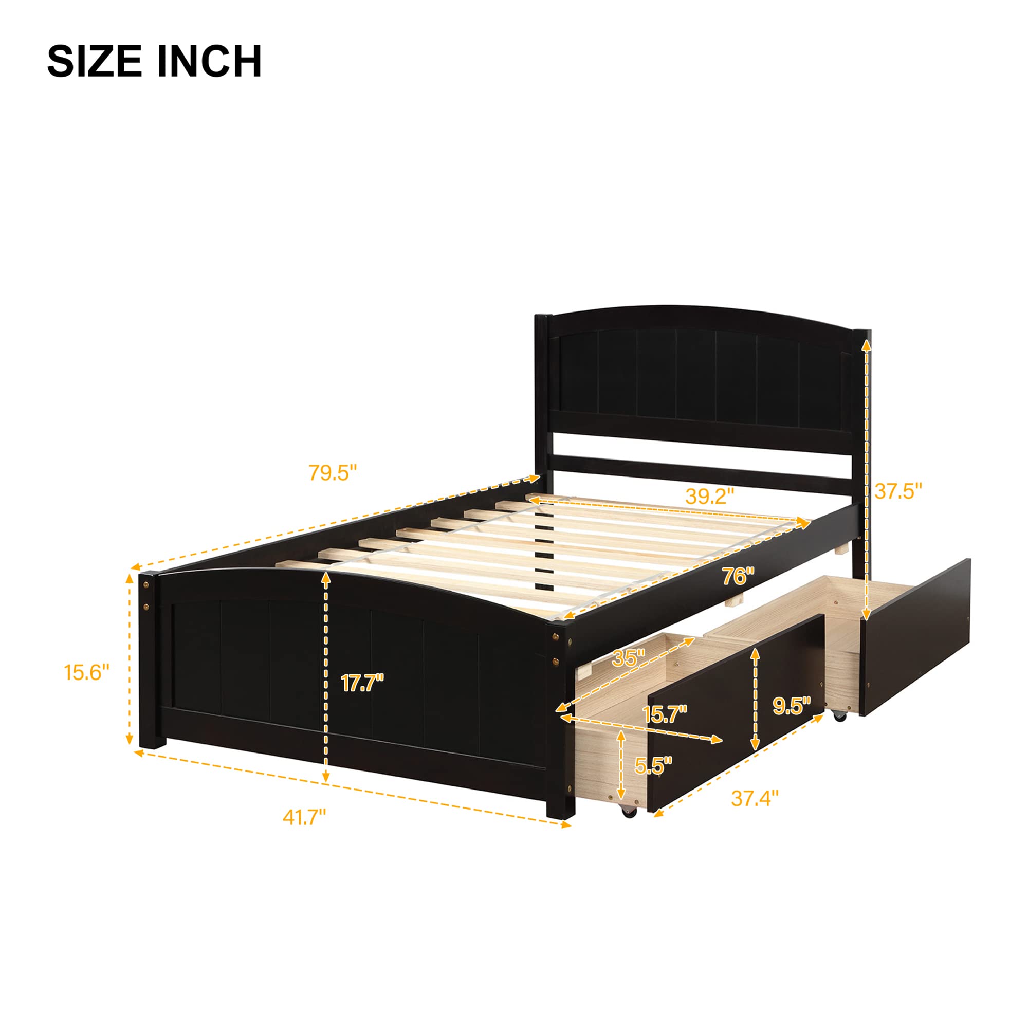 Twin Platform Bed Frame with 2 Storage Drawers - Space Saving Minimalist Pine Wood Bed (Espresso Finish) - Perfect for Small Bedrooms, Dorms & Studio Apartments