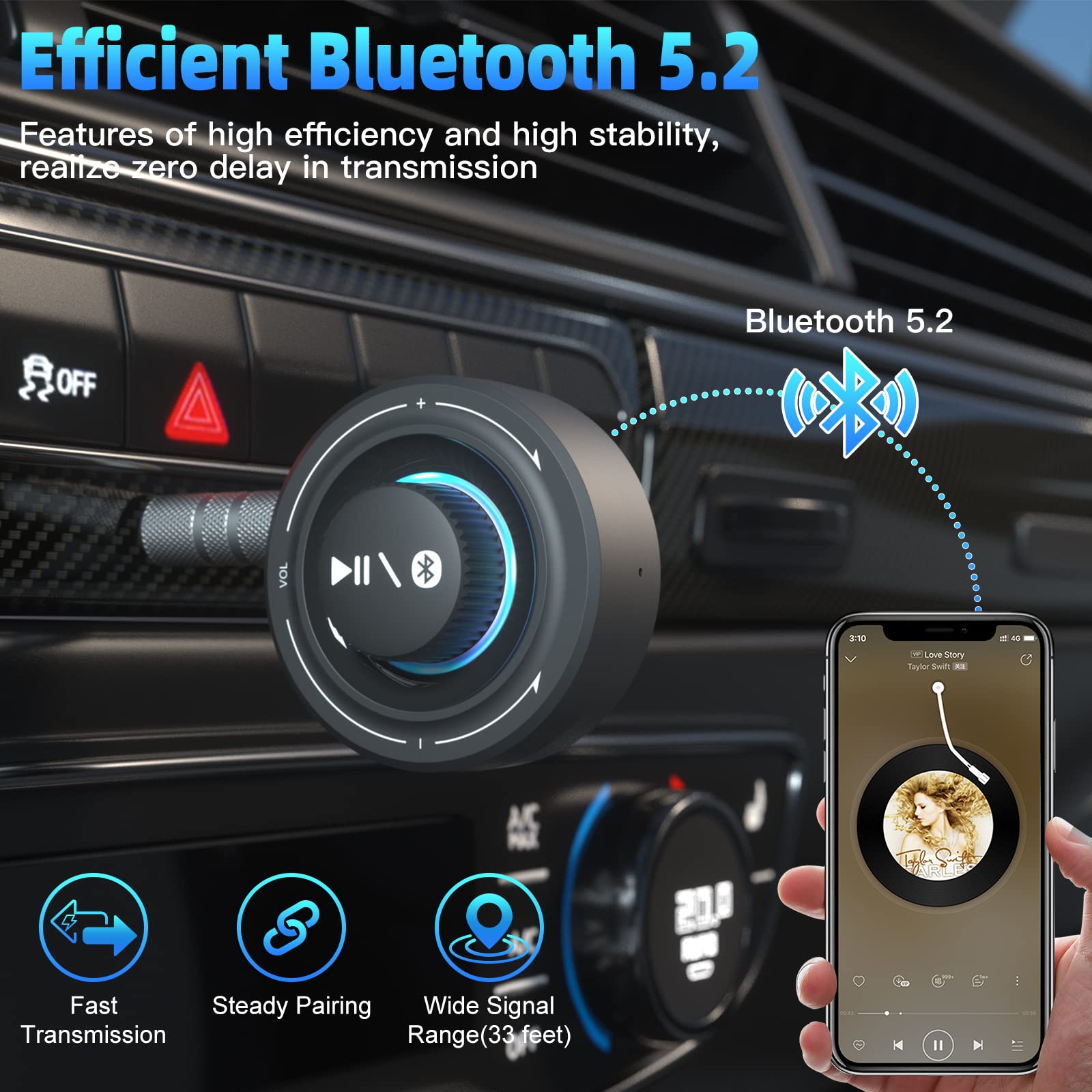 Wireless Bluetooth 5.2 Car Kit Aux Receiver - Portable 3.5mm Bluetooth Adapter for Car Radio, Home Stereo & Wired Headphones | Hands-Free Calling, Music Streaming for Commuting, Road Trips & Home Audio