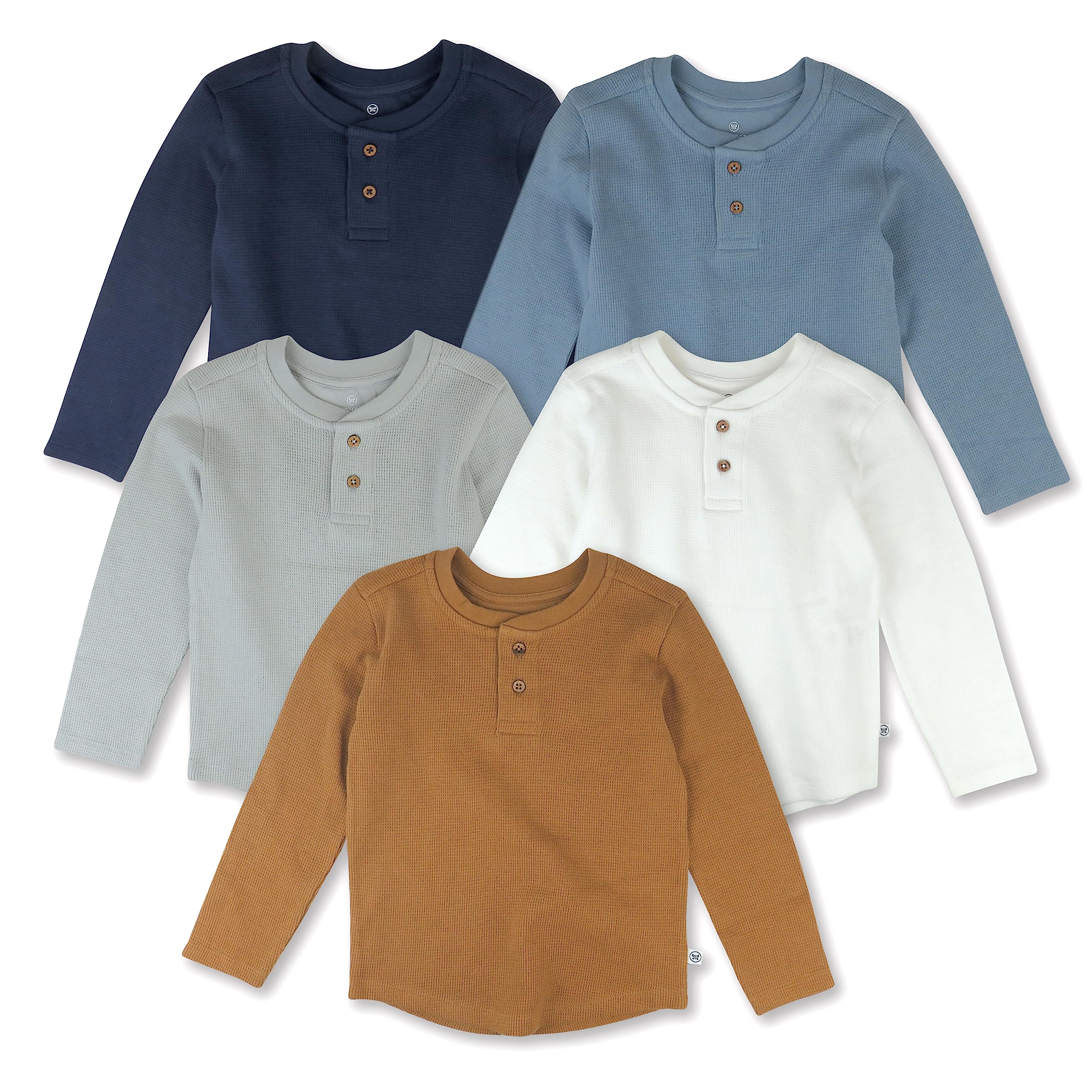 HonestBaby 5-Pack Organic Cotton Waffle Henley Long Sleeve Shirts for Infant, Baby & Toddler Boys & Girls | 100% Soft Breathable Fabric | Perfect for Playdates, Daycare & Family Outings