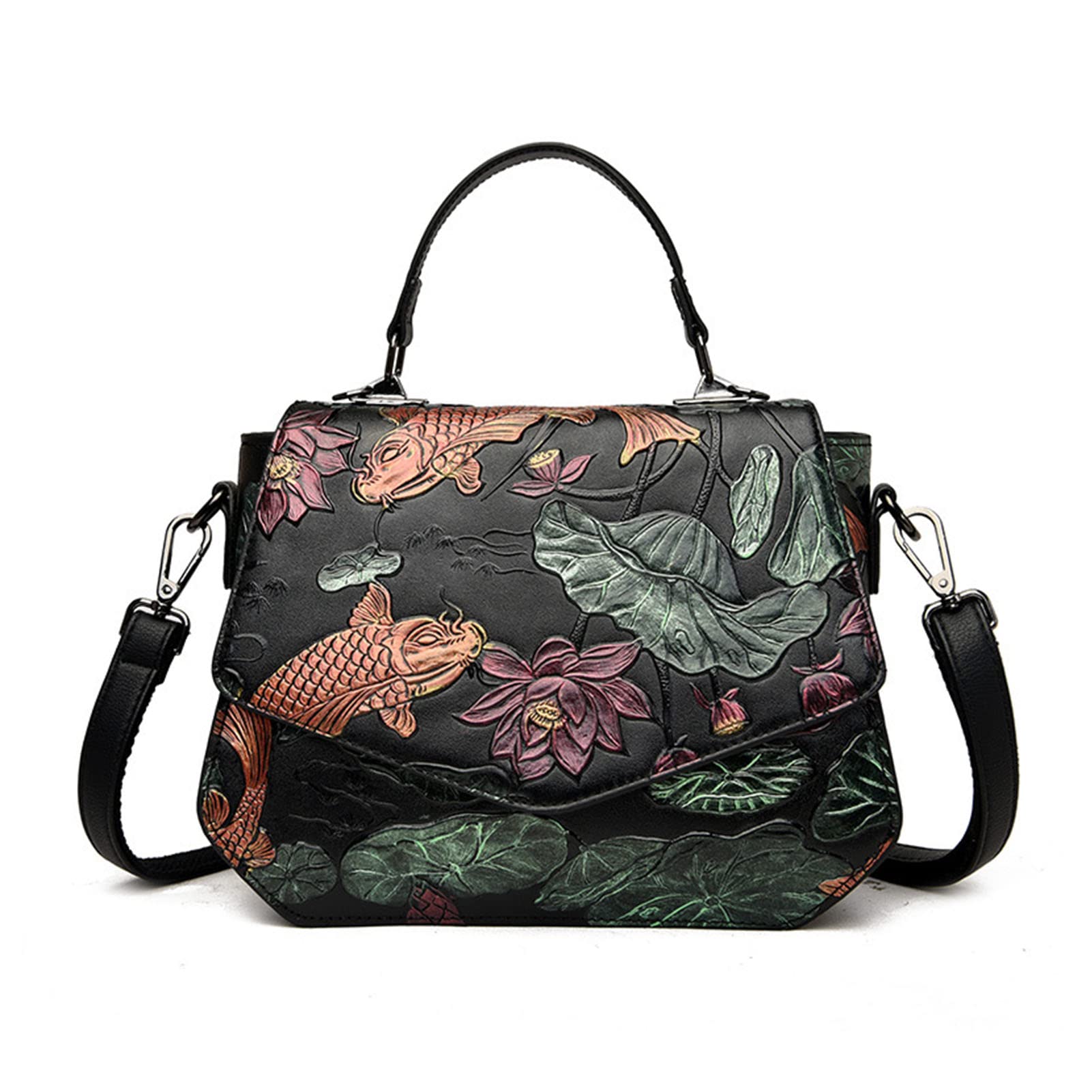 MEIXAO Women's Embossed Shoulder Bag - Crossbody Fanny Pack & Messenger Tote Purse with Goldfish Lotus Flower Design | Fashion Handbag for Work, Travel & Daily Use