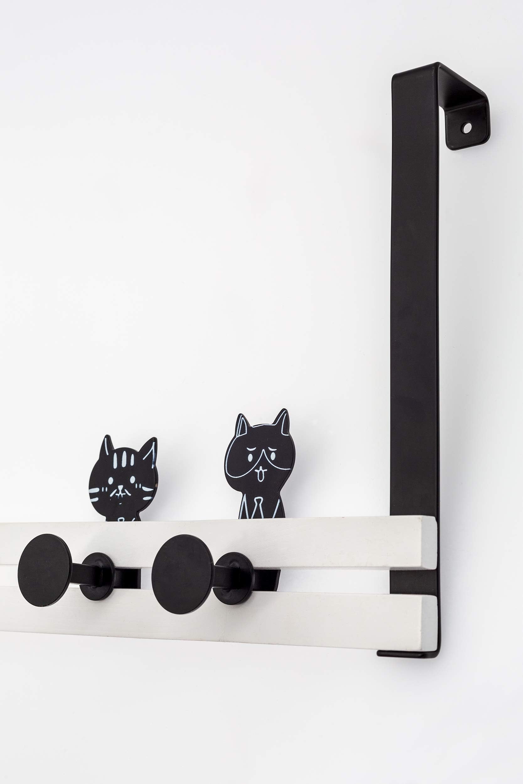 Creathome Over The Door Rail with 4 Peg Hooks - Black and White Cat Pattern for Hanging Coats, Hats & Bags | Space Saving Entryway Organizer for Bedroom, Bathroom & Closet