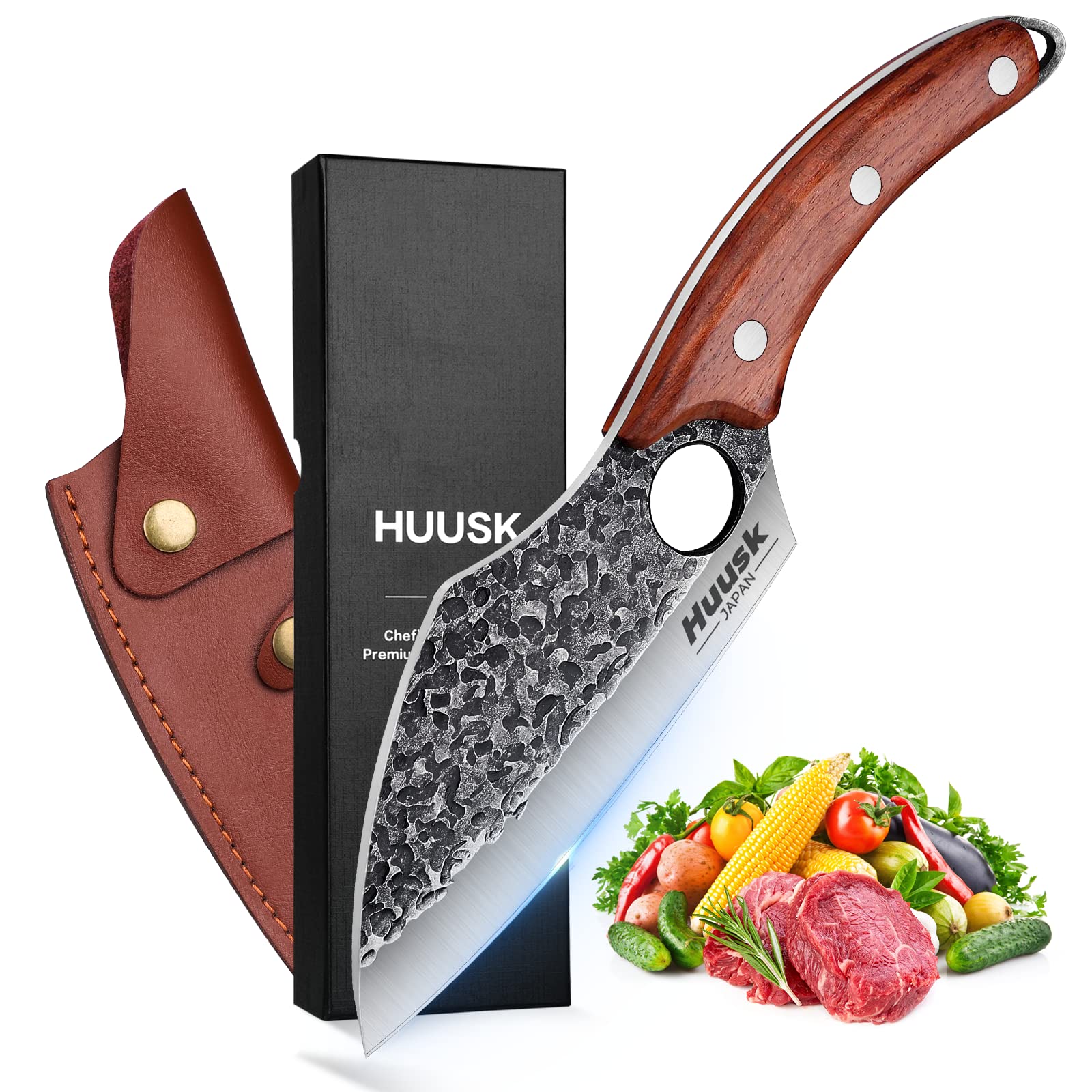 Premium Huusk Hand-Forged Japanese Meat Cleaver - Professional Butcher Knife for Meat Cutting, Viking Kitchen Knife with Sheath - Perfect for Home Cooking, BBQ & Outdoor Camping - Ideal Thanksgiving & Christmas Gift for Chefs
