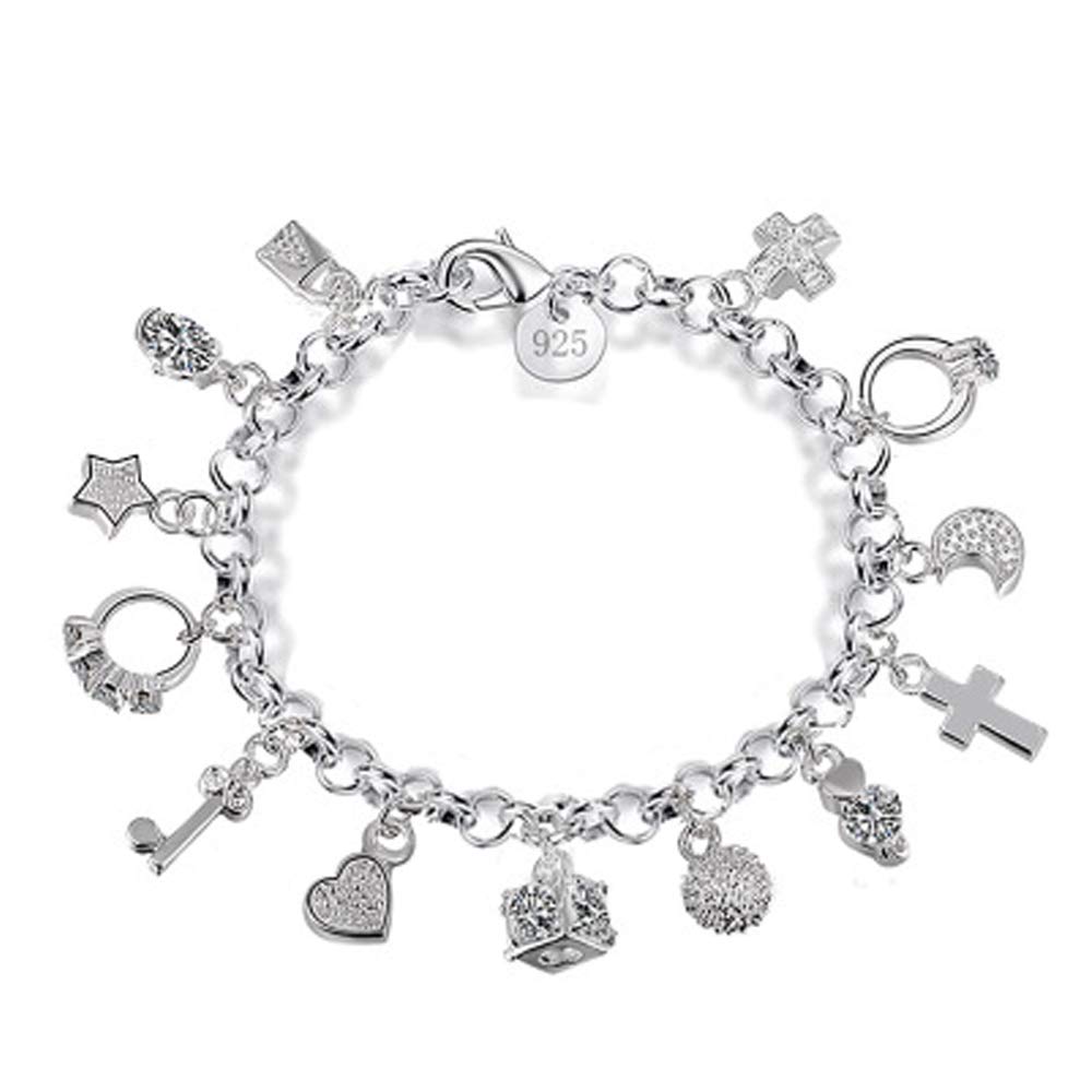 Aeora S925 Sterling Silver 13-Piece Charm Bracelet for Women - Elegant Gift for Her, Trendy Jewelry for Everyday Wear & Special Occasions