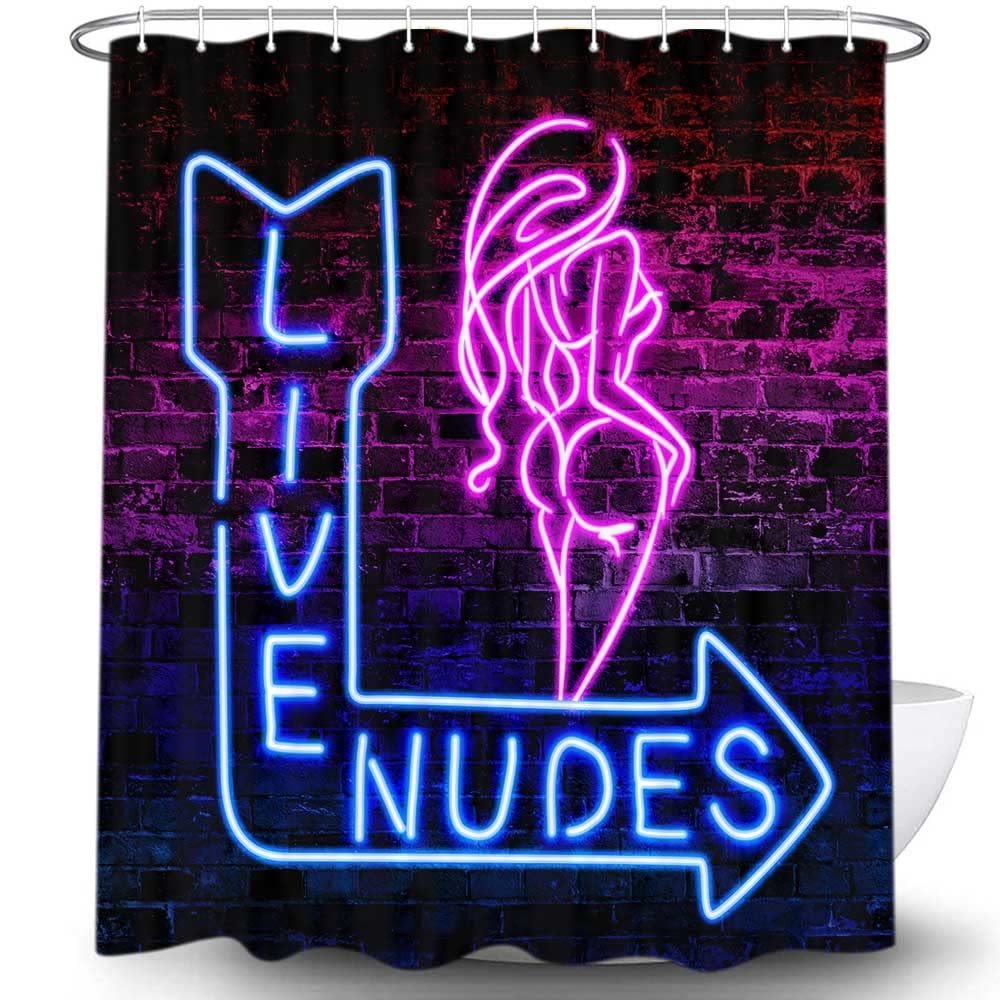 Funny Live Nudes Shower Curtain Set - Waterproof Fabric Bathroom Decor with 12 Hooks, Neon Sign & Sexy Girl Design for Blue/Red Brick Wall Theme - Perfect for Adult Humor Bathrooms, Bachelor Pads, and Unique Home Decor