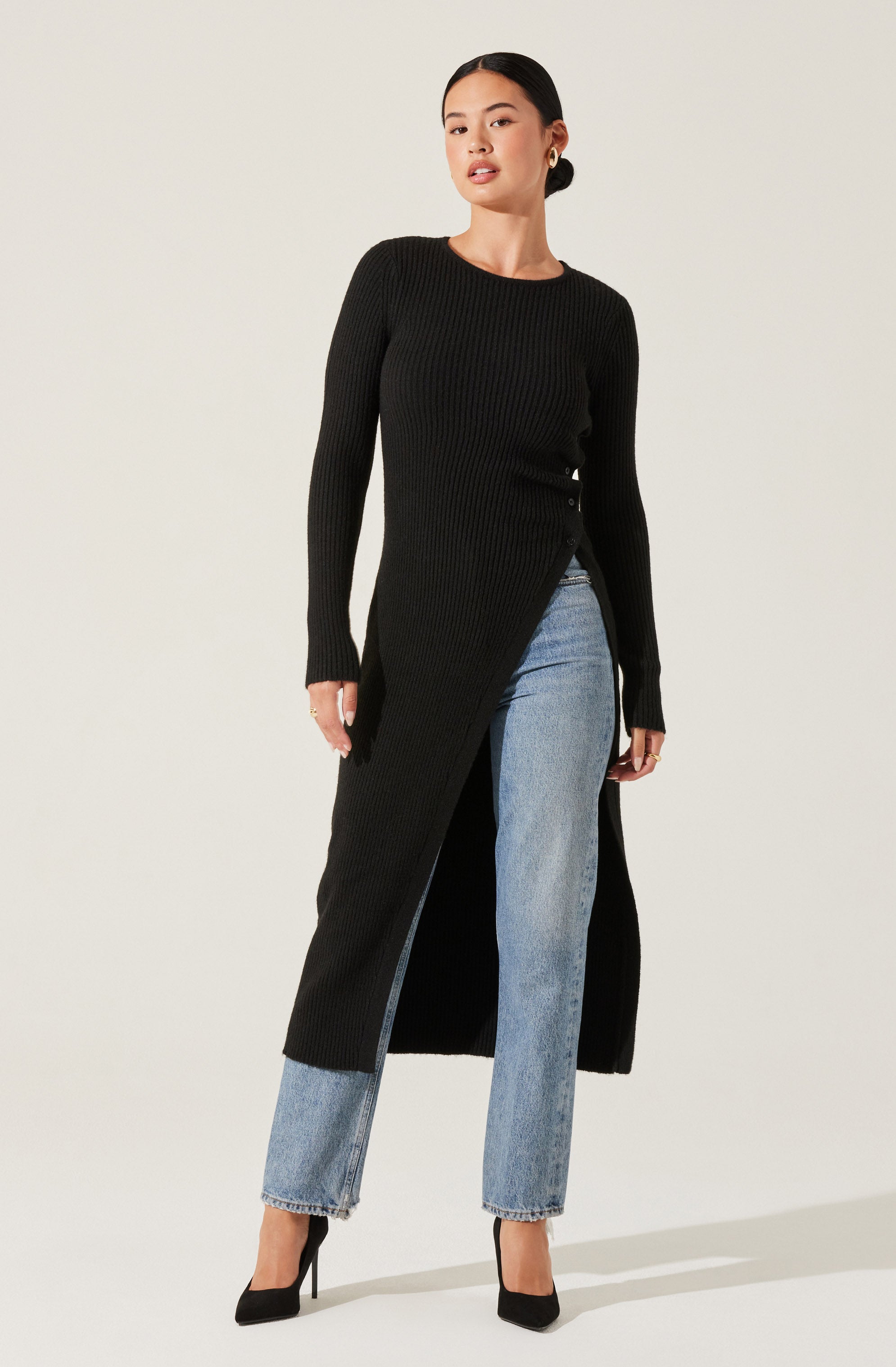Stylish Ribbed High Slit Button Sweater for Women - Cozy Knit Pullover for Fall & Winter - Perfect for Casual Outings, Office Wear, and Date Nights