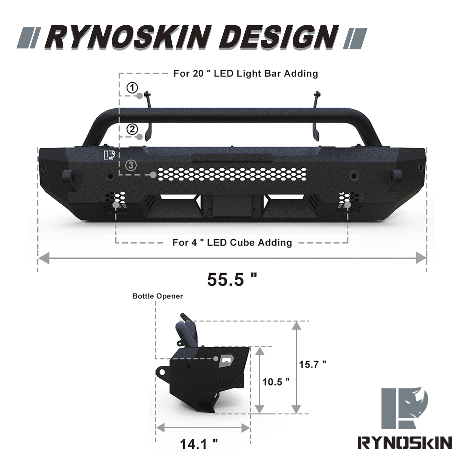 RYNOSKIN Heavy Duty Off-Road Front Bumper for 2021-2024 Ford Bronco | Compatible with OE ACC & Parking Sensors | Textured Black Finish | LED Light Ready | Perfect for Off-Roading & Adventure Driving