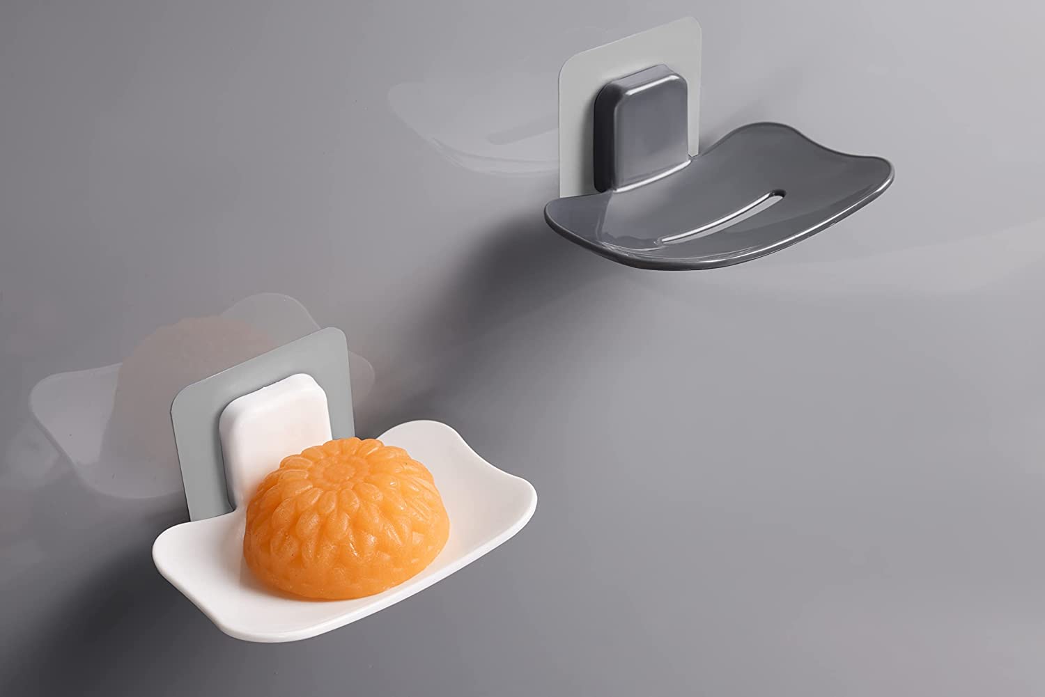 Arabella Retail Wall Mounted Soap Dish Holder - White & Grey Set of 2 | Adhesive Sticker for Bathroom & Kitchen Sink | Perfect for Small Spaces, RV, Dorm & Apartment Living