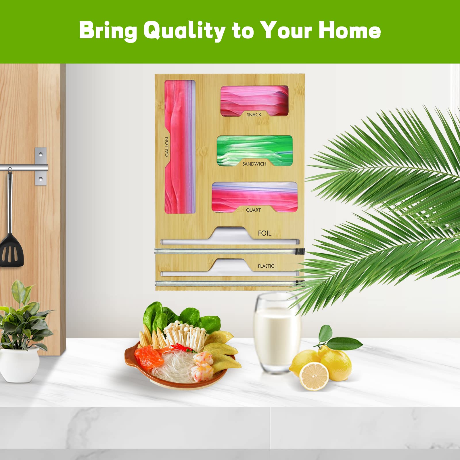 6-in-1 Kitchen Wrap Organizer Set - Foil & Plastic Wrap Dispenser with Cutter + 4 Storage Bags for Ziplock - Perfect for Kitchen Drawer Organization & Food Storage
