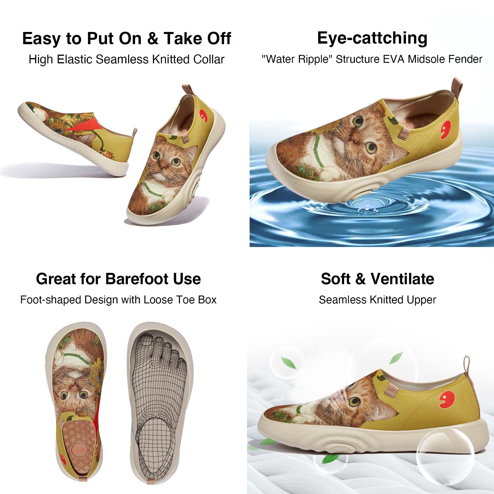 UIN x FatCatArt Women's Fashion Sneakers - Lightweight Slip-On Walking Shoes with Sunflower & Cat Design | Size 9.5 | Perfect for Travel, Casual Wear & Art Lovers