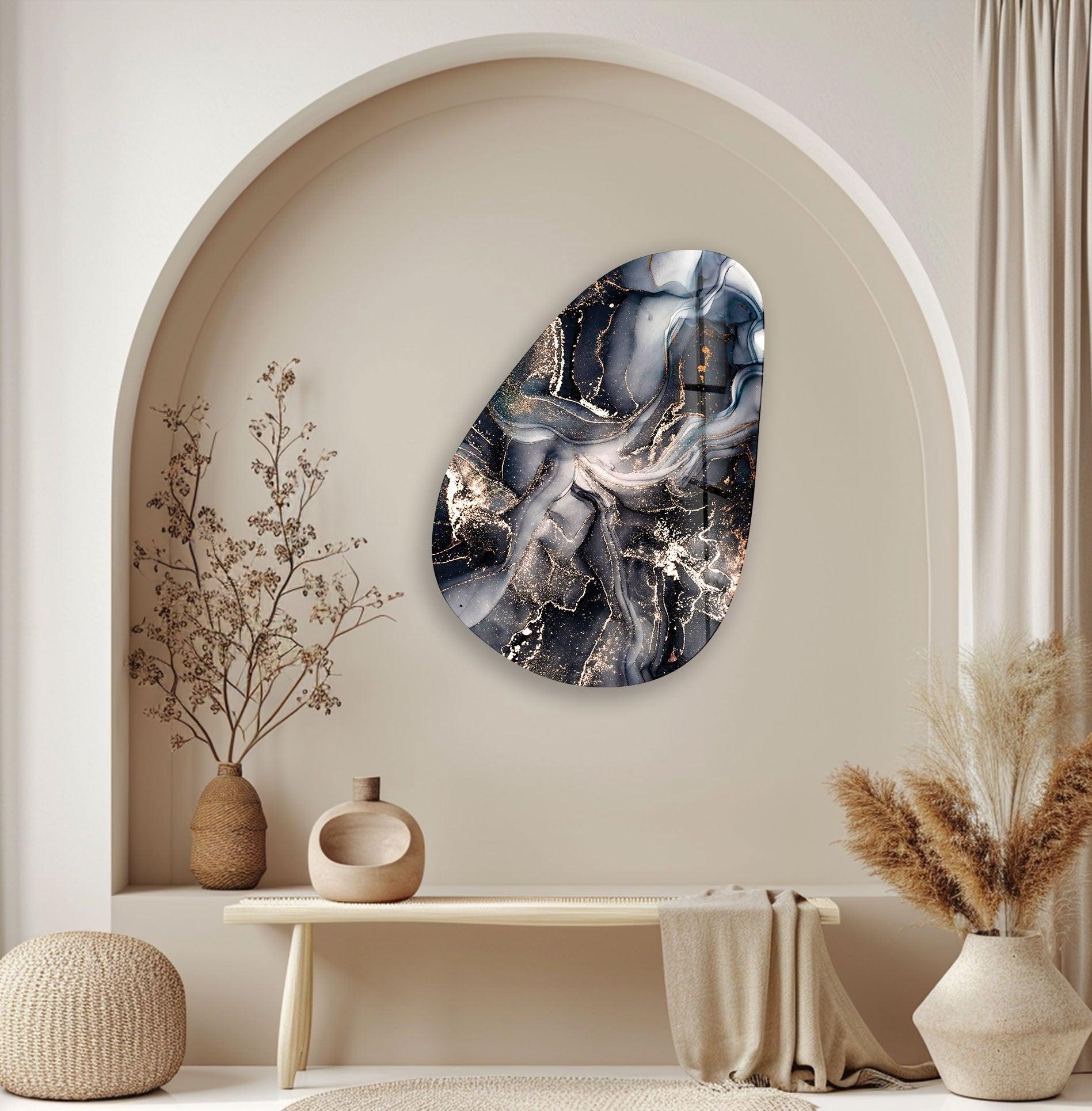 Asymmetrical Oval Black Grey Marble Glass Wall Art - Modern Abstract Home Decor for Living Room, Bedroom & Office