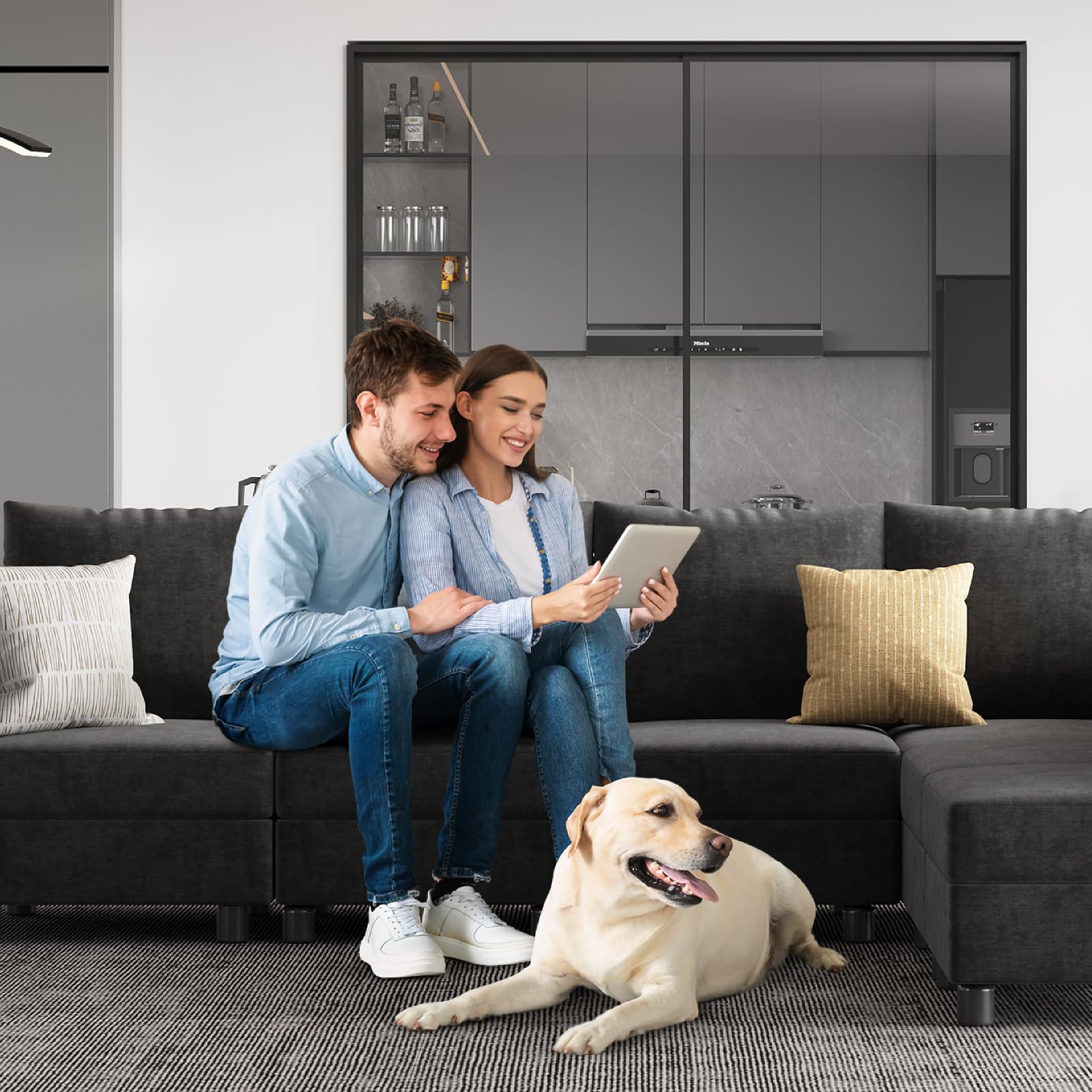 Modular Storage Ottoman Sectional Sofa with Reversible Chaise - Convertible Couch with Free Configuration - Dark Gray - Perfect for Living Room, Bedroom & Home Office