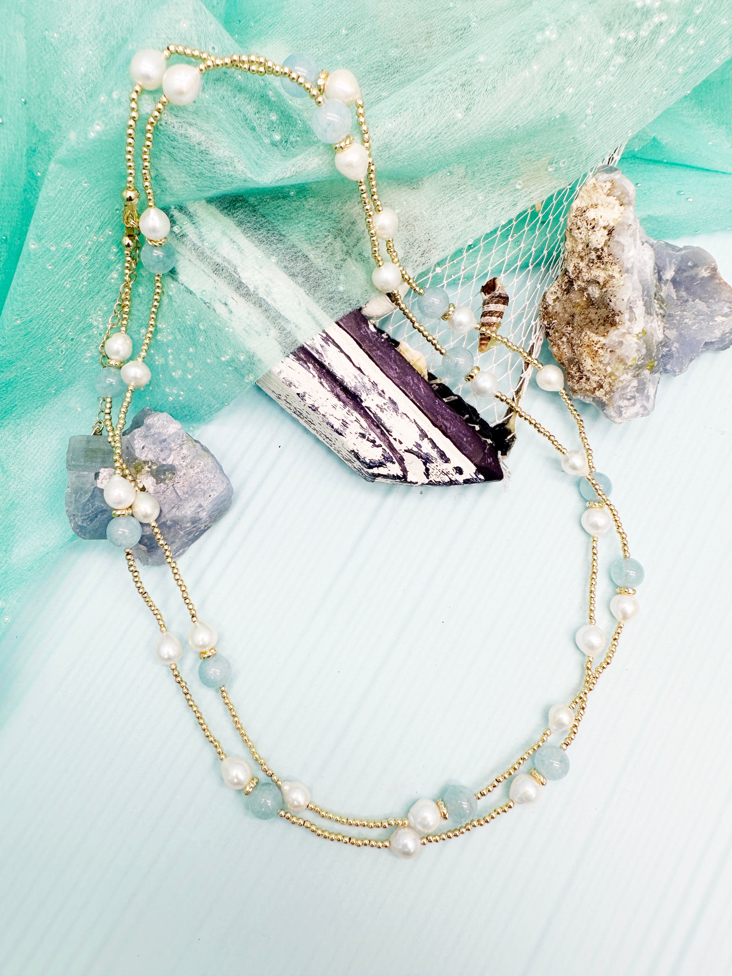 Elegant Aquamarine and Freshwater Pearls Long Necklace for Women - Perfect for Weddings, Parties & Special Occasions - LN023