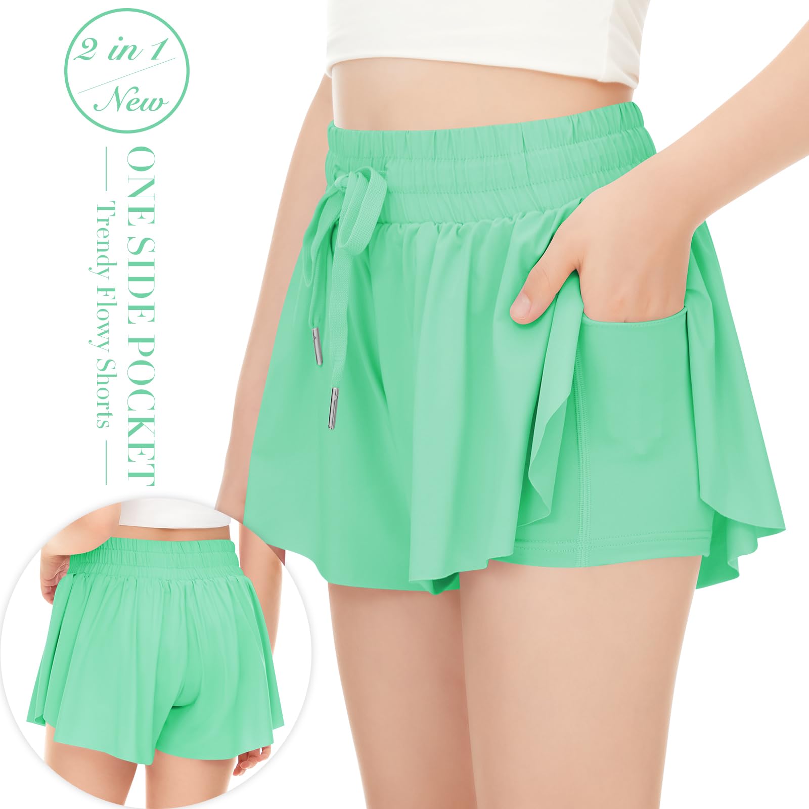 Girls' Athletic Running Shorts with Pockets - 2-in-1 Butterfly Design Spandex Shorts for Teen & Youth Sports | Perfect for Yoga, Gym Workouts & Summer Activities