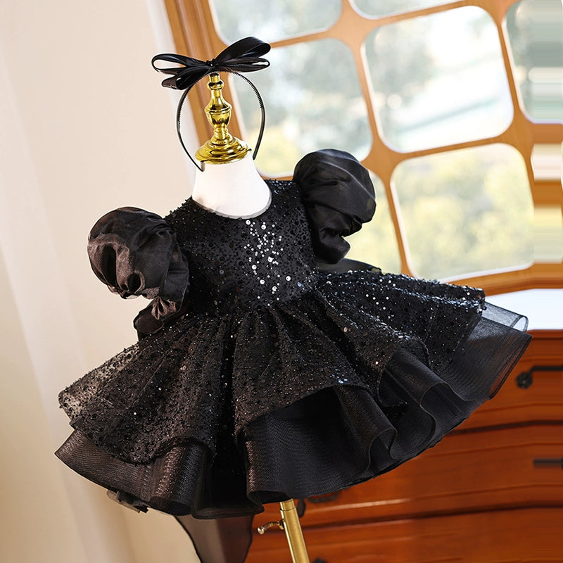 Black Girls Birthday Dress with Puff Sleeves - Princess Party Dress for Kids - Perfect for Birthday Parties, Pageants, and Special Occasions