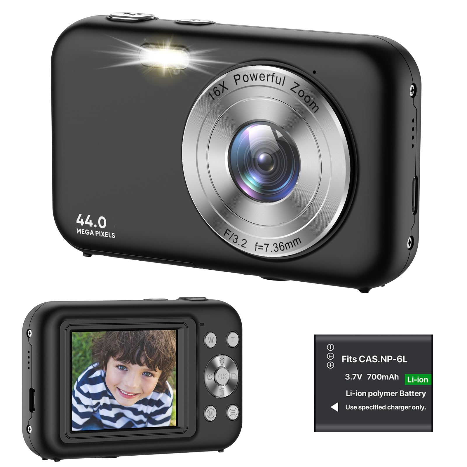 **44MP 1080P HD Kids Digital Camera with LCD Screen & 16X Digital Zoom - Rechargeable Compact Camera for Boys, Girls & Students - Perfect for Travel, Birthday Gifts & School Projects (Black)**