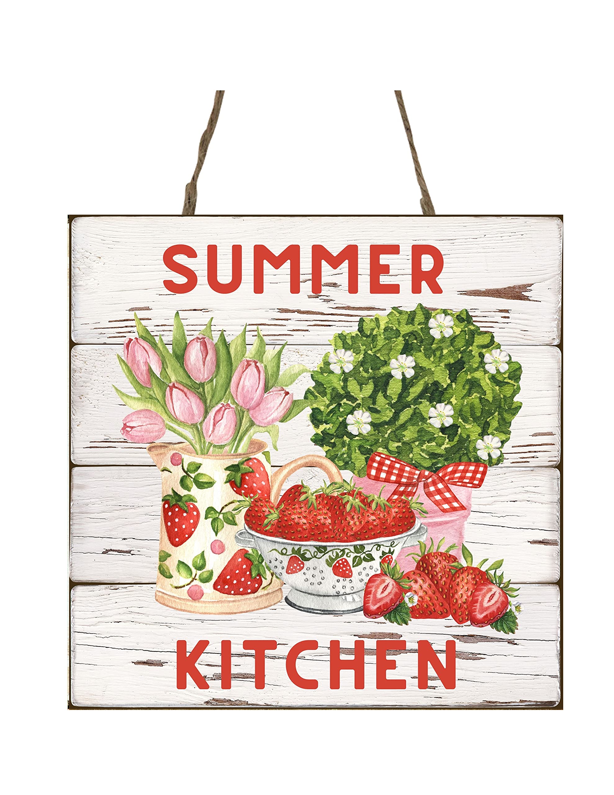 5x5 Inch Summer Kitchen Strawberries Wooden Mini Sign - Rustic Farmhouse Decor for Kitchen, Dining Room, or Outdoor Party
