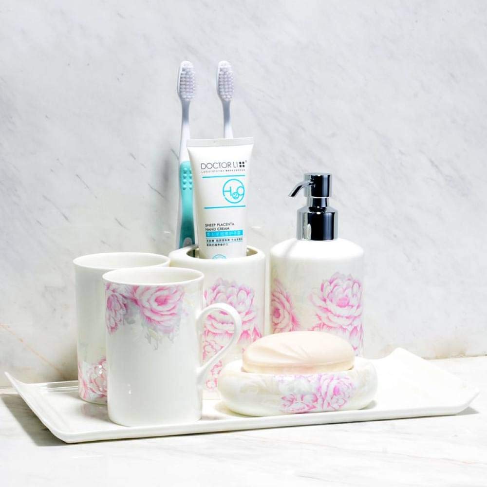 Vintage Ceramic Bathroom Accessories Set - 6 Piece Pink Peony Flower Decor with Soap Dispenser, Toothbrush Holder, Soap Dish, 2 Cups & Vanity Tray | Elegant White Bathroom Vanity Organizer for Home Decor, Housewarming Gift & Spa Style Bathroom Upgrade