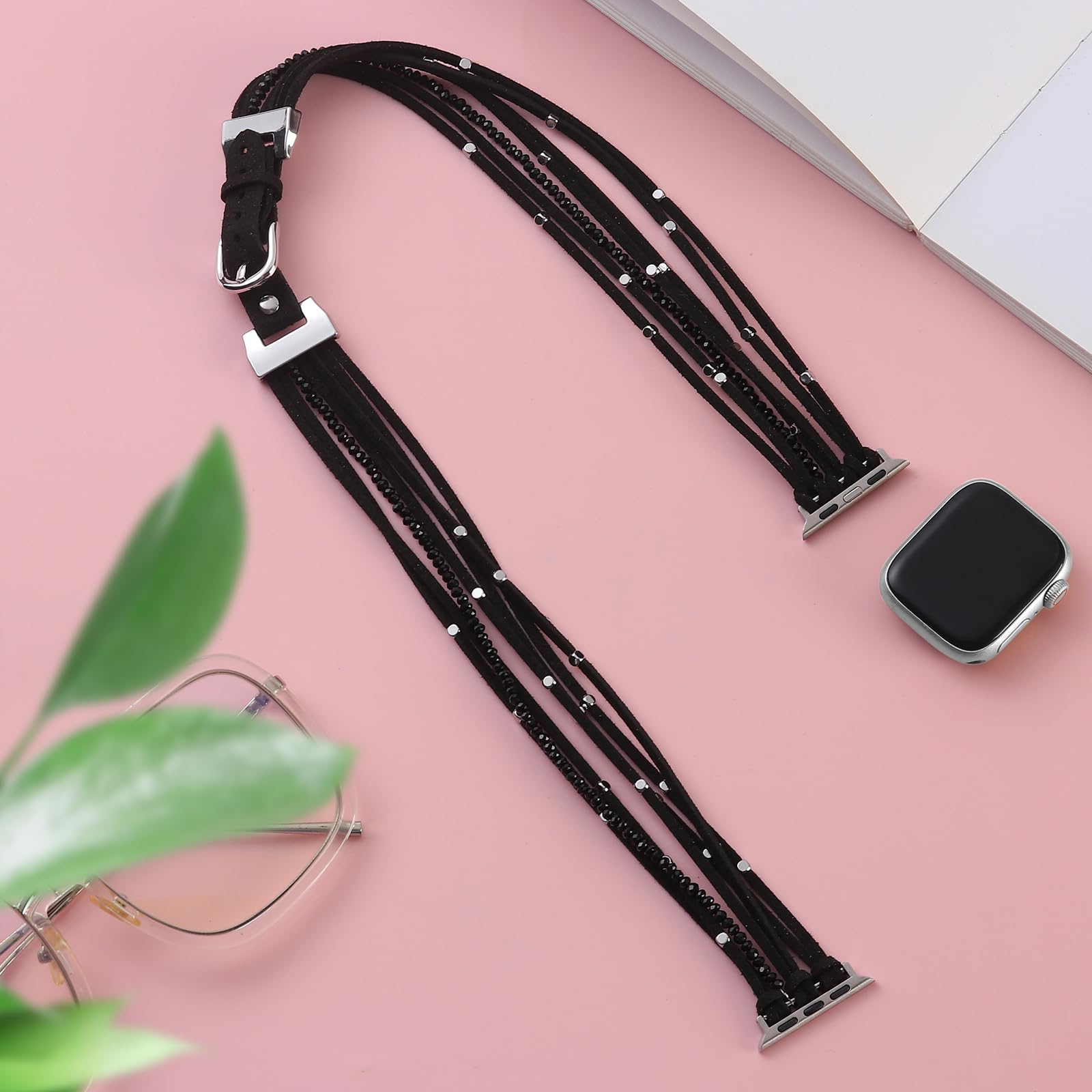 Stylish Multilayer Suede Wrap Strap for Apple Watch 38mm/40mm/41mm/42mm/44mm/45mm/49mm - Boho Leather Bracelet with Beaded Accents for Women, Compatible with iWatch Series SE 9/8/7/6/5/4/3/2 - Perfect for Office, Casual Wear & Special Occasions