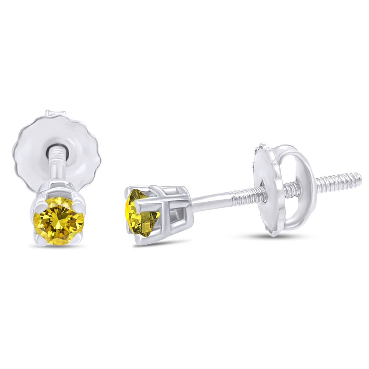 14K Gold Round Cut Natural Yellow Diamond Stud Earrings (1/4-1/3 Cttw) - Sterling Silver Screw Back Earrings for Women | Elegant Everyday Wear & Special Occasion Jewelry Gift