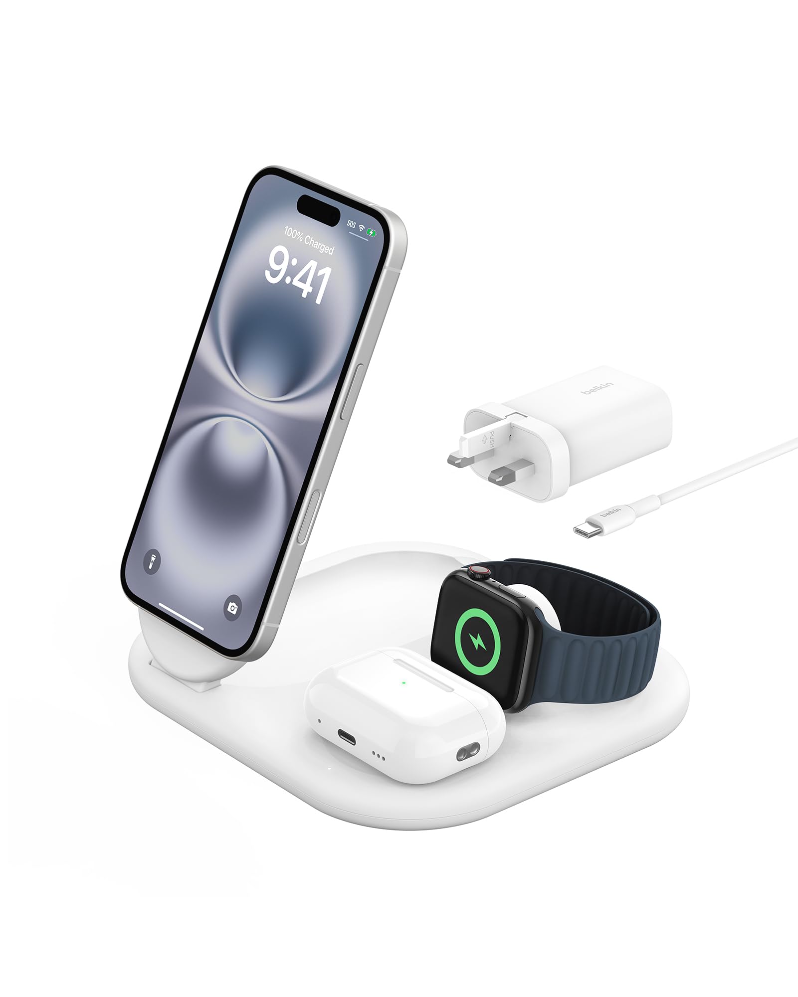 Belkin MagSafe 3-in-1 Wireless Charging Station with Qi2 15W Fast Charging - Foldable Magnetic Charger for iPhone 16/15, Apple Watch & AirPods - Includes Non-Slip Base & Power Adapter (White) | Perfect for Nightstand, Office Desk & Travel Charging