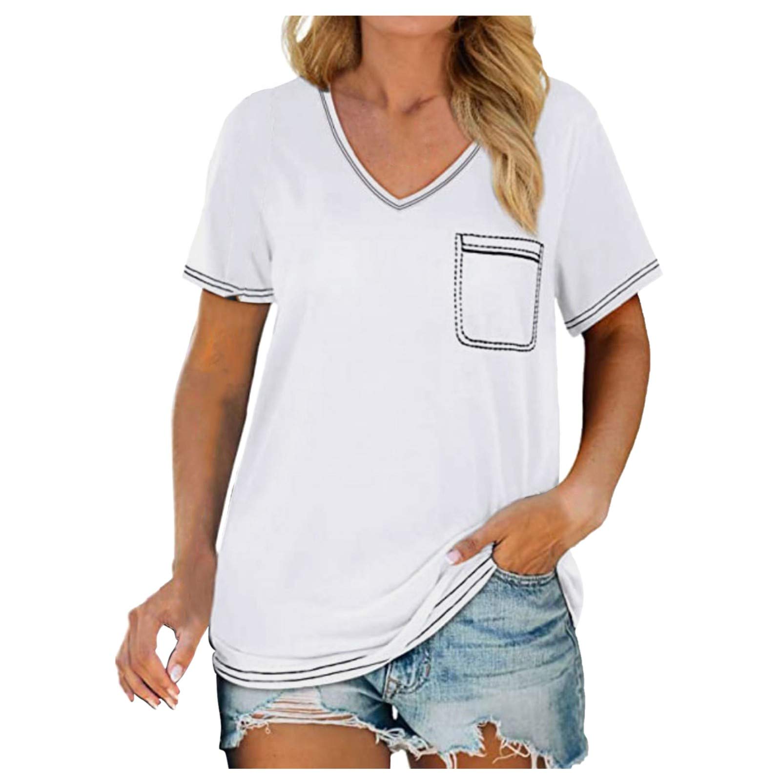 Women's Casual Summer V-Neck T-Shirt - Loose Fit Trendy Tunic Blouse with Short Sleeves | Perfect for Beach Outings, Weekend Errands & Summer Travel