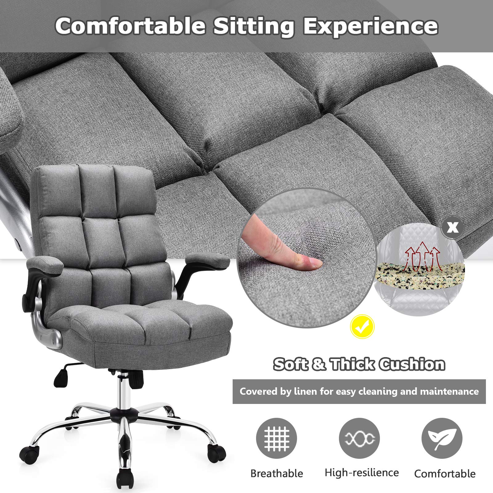 Premium Ergonomic Office Chair for Big & Tall - High Back Executive Desk Chair with Flip-Up Arms, 400 LBS Weight Capacity - Comfortable Upholstered Home Office Chair in Grey (Perfect for Long Work Hours & Gaming Sessions)