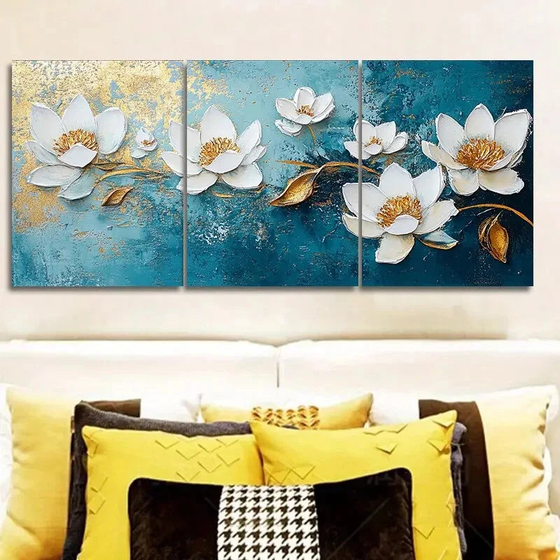 3-Piece White Flowers on Blue Background Metal Wall Art - Ready to Hang Canvas Prints for Living Room, Bedroom & Office Decor
