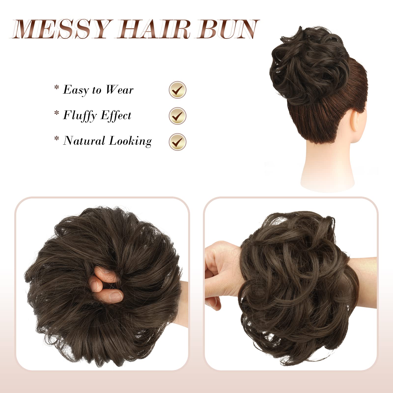 FESHFEN Synthetic Hair Bun Extensions - Messy Curly Hair Donut Scrunchies for Women & Girls - Plus Size Updo Hairpieces (1.94oz) - Perfect for Parties, Weddings & Everyday Hairstyles
