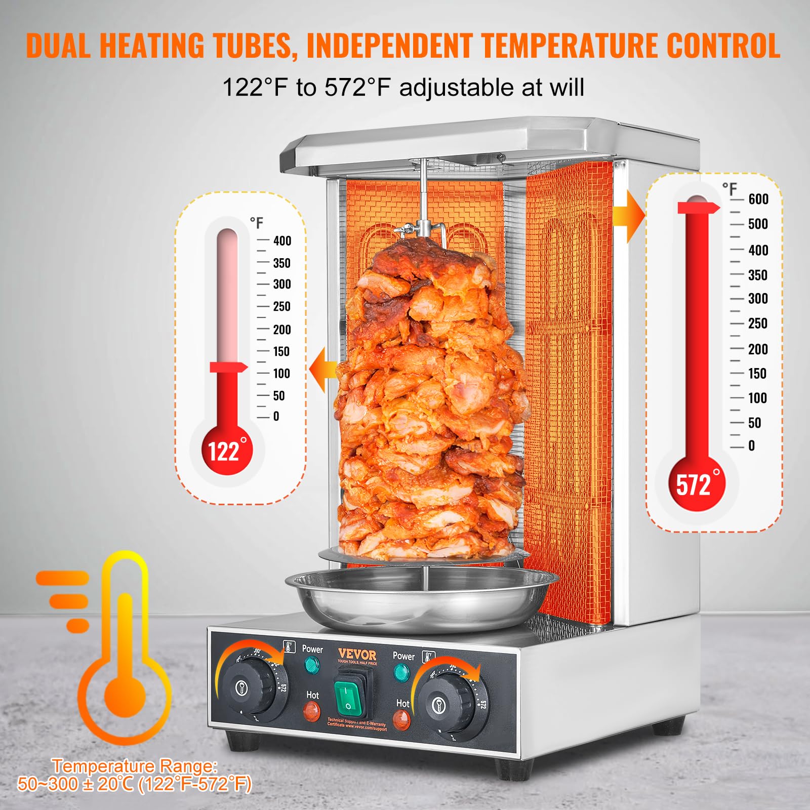 VEVOR Electric Shawarma Grill Machine - 13lbs Capacity, 2 Burners, 122°F-572°F Adjustable Vertical Rotisserie Oven for Chicken, Gyro & Doner Kebab - Perfect for Home Kitchens & Commercial Restaurants