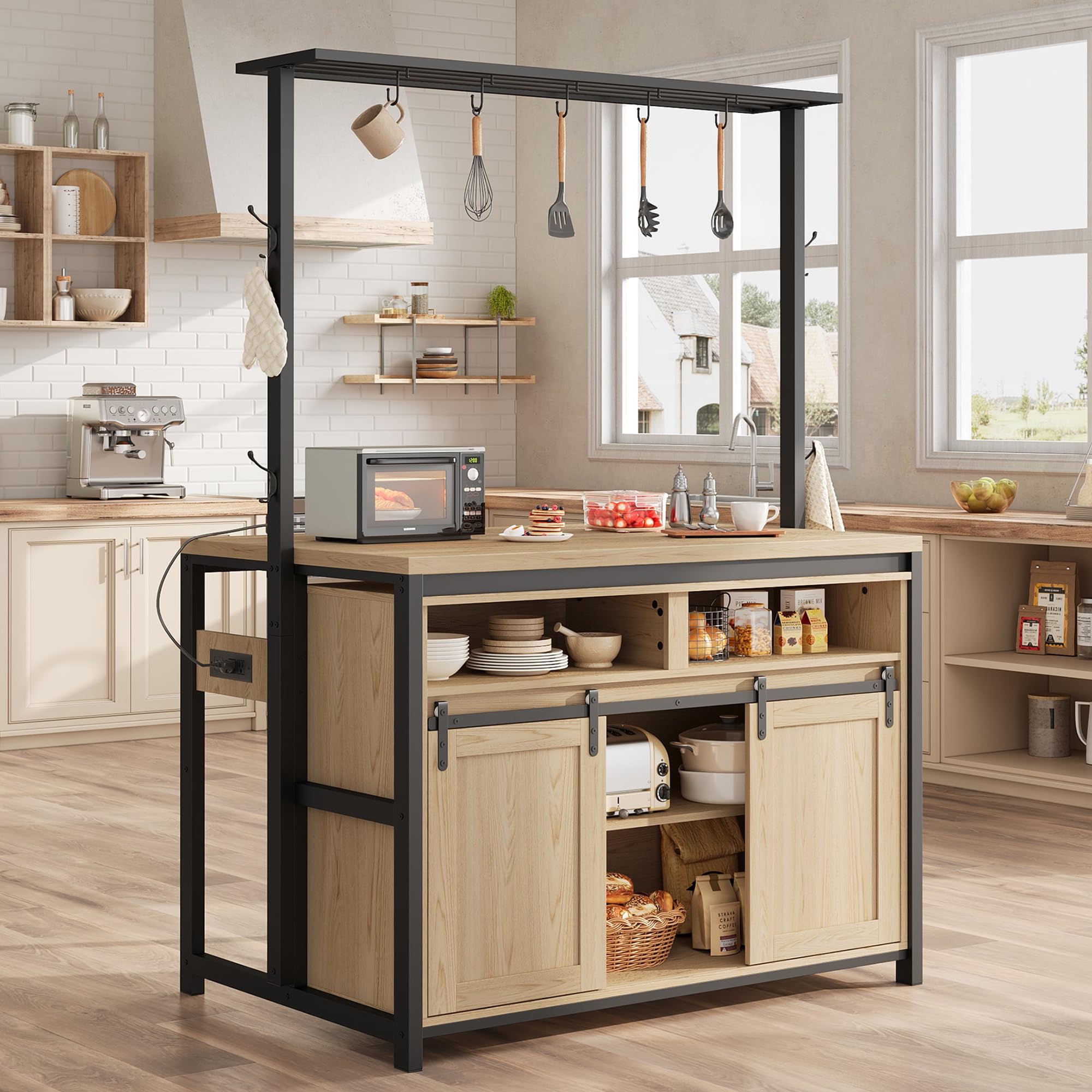 GAOMON Wooden Kitchen Island with Sliding Barn Door - Heavy Duty Large Kitchen Cabinet with 4 Hooks & Storage | Multi-Functional Bakers Rack for Dining Room & Kitchen | Perfect for Entertaining, Food Prep & Extra Storage Space